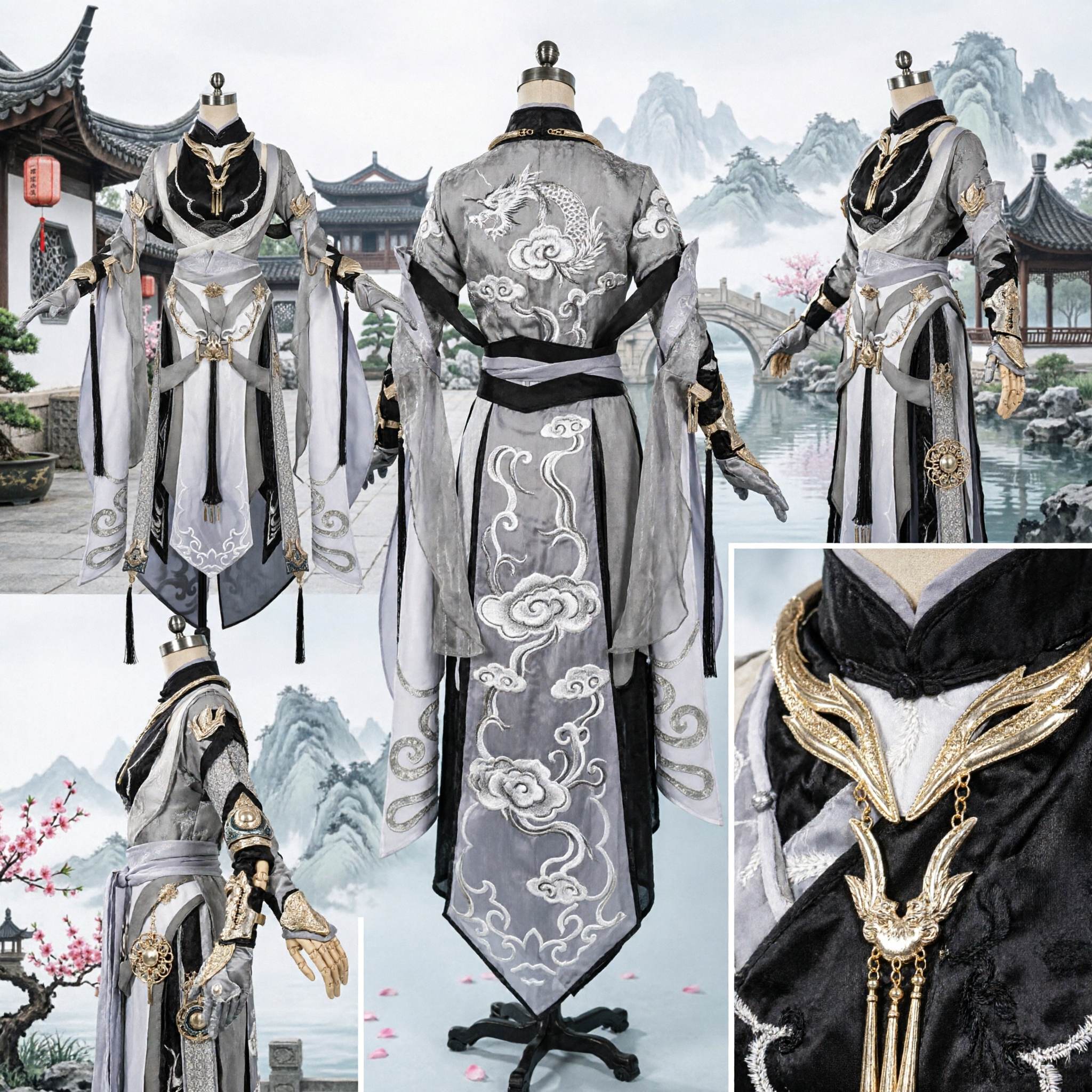 Exquisites weiß-silberbesticktes antikes chinesisches Hanfu-Cosplay-Kostüm Xianxia-Fantasy-Schwertkämpfer-Outfit für Erwachsene - Asian Costume