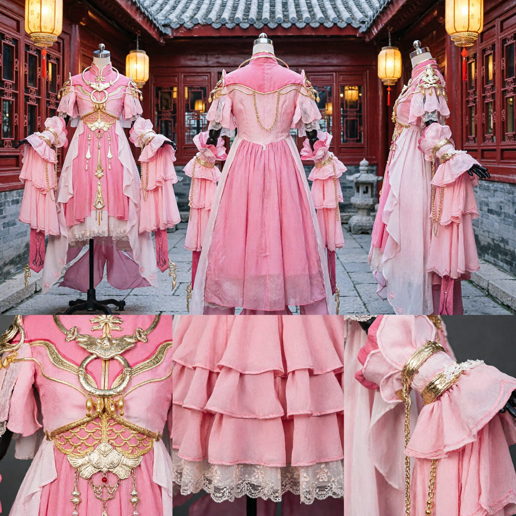 Pink Chinese Xianxia Warrior Princess Hanfu Costume Traditional Fantasy Armor Dress for Women - Asian Costume