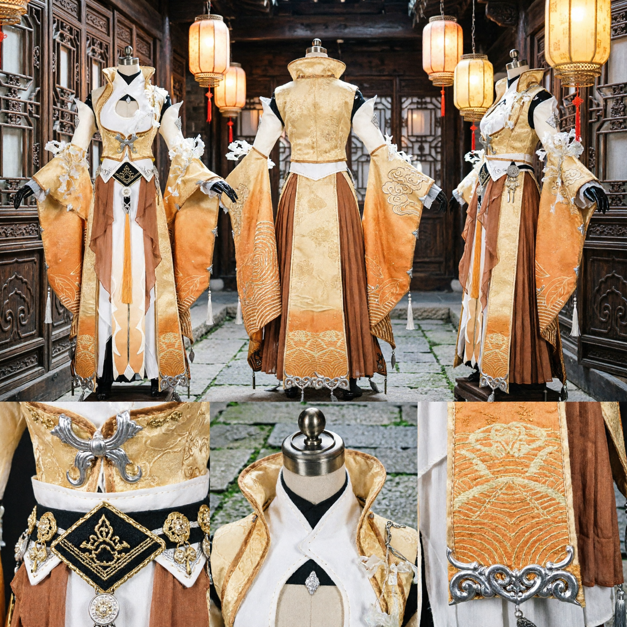 Costume da Cosplay Antico Spadaccino Cinese Hanfu Arancione Oro Abito da Guerriero Fantasy per Spettacoli e Halloween - Asian Costume