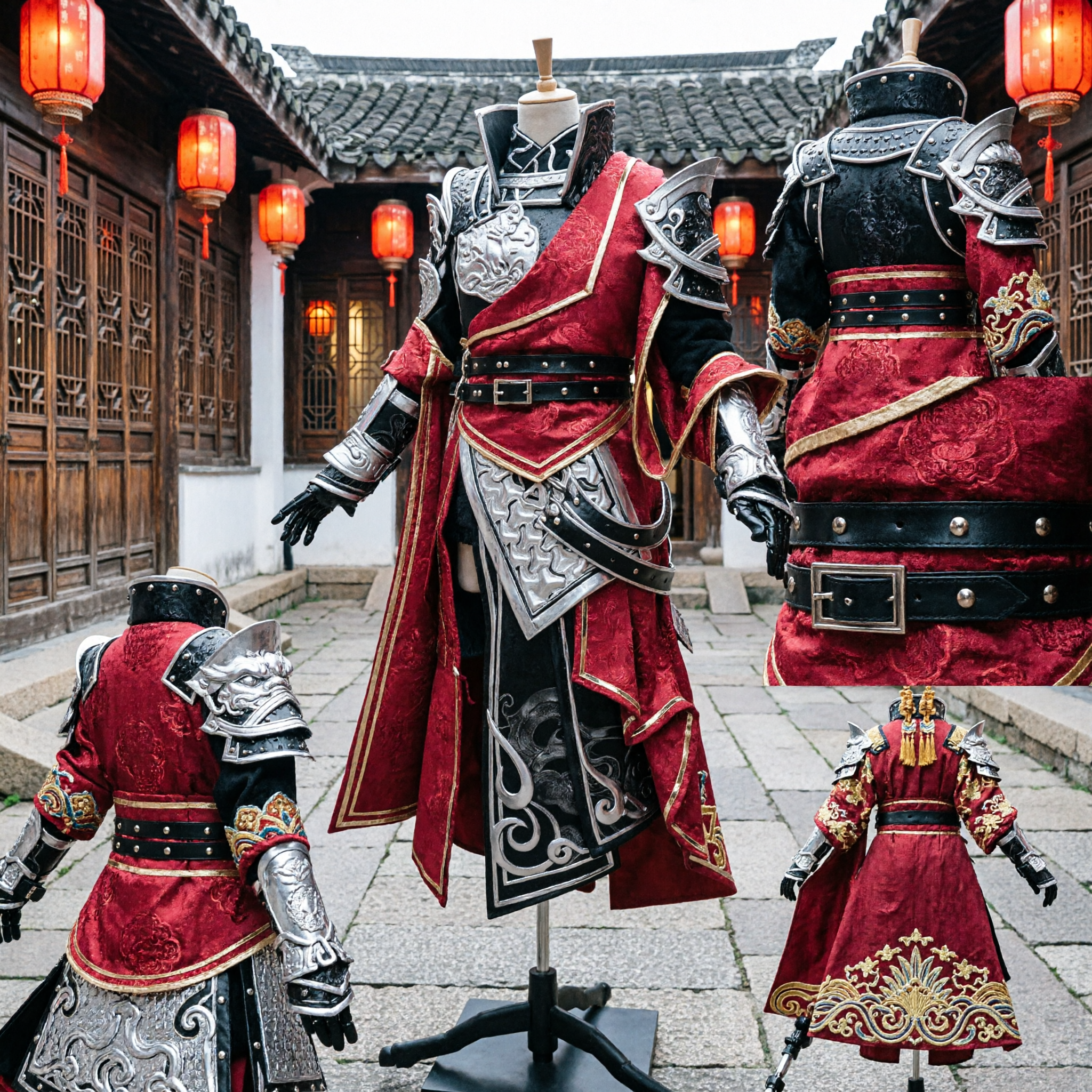 Męski czerwony chiński starożytny kostium cosplay zbroi generała srebrna płyta wojownika strój Hanfu na występy sceniczne - Asian Costume