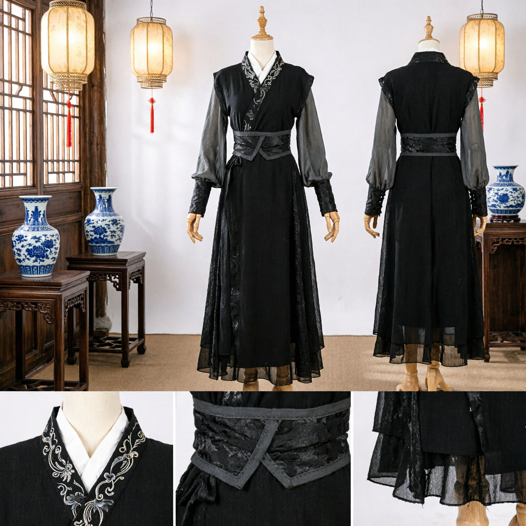 Traje de Espadachim Chinês Antigo Hanfu Preto para Homens Fantasia Tradicional de Artes Marciais para Cosplay - Asian Costume
