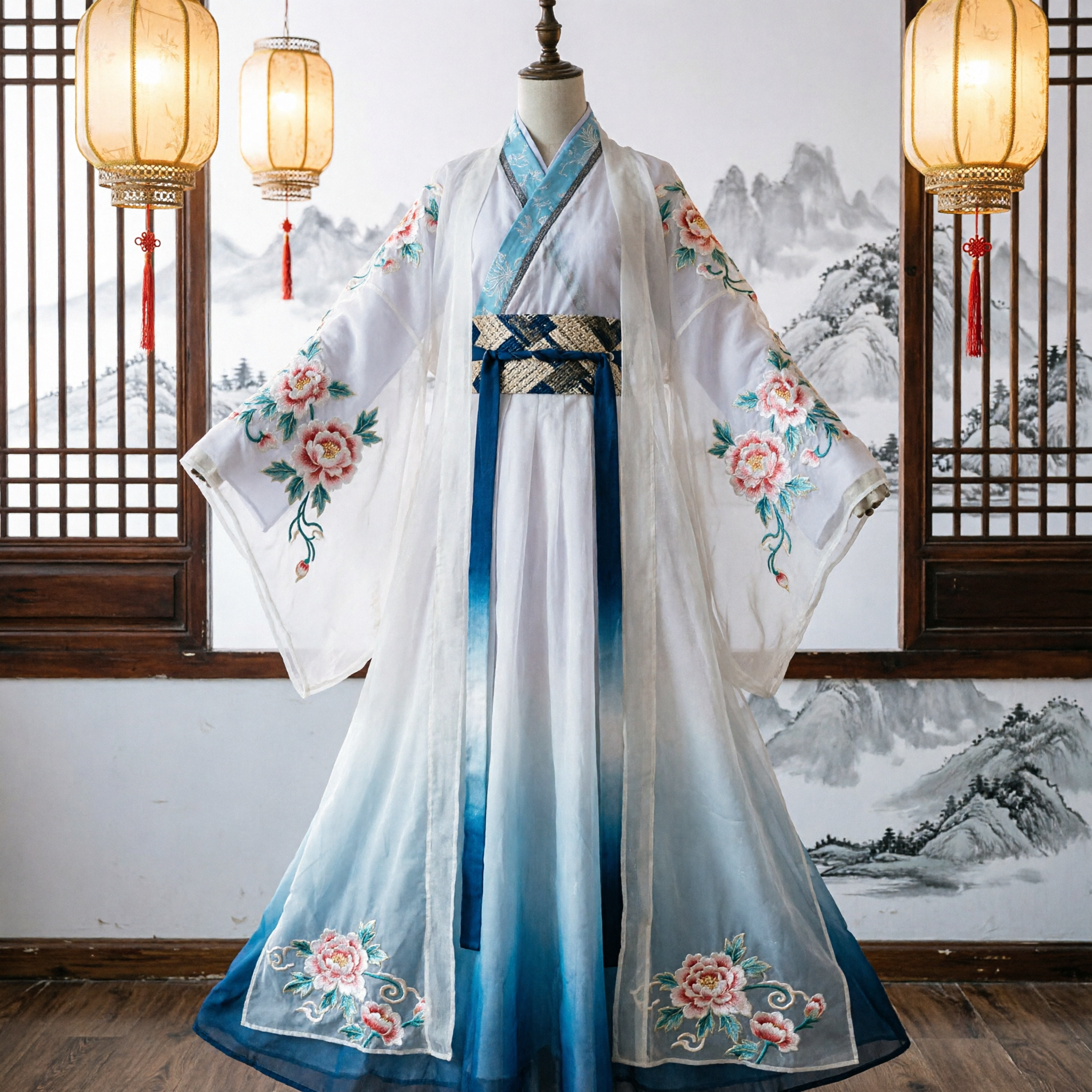 Vestido Hanfu Chinês Tradicional Elegante Branco e Azul, Traje Antigo Bordado de Fada para Mulheres - Asian Costume