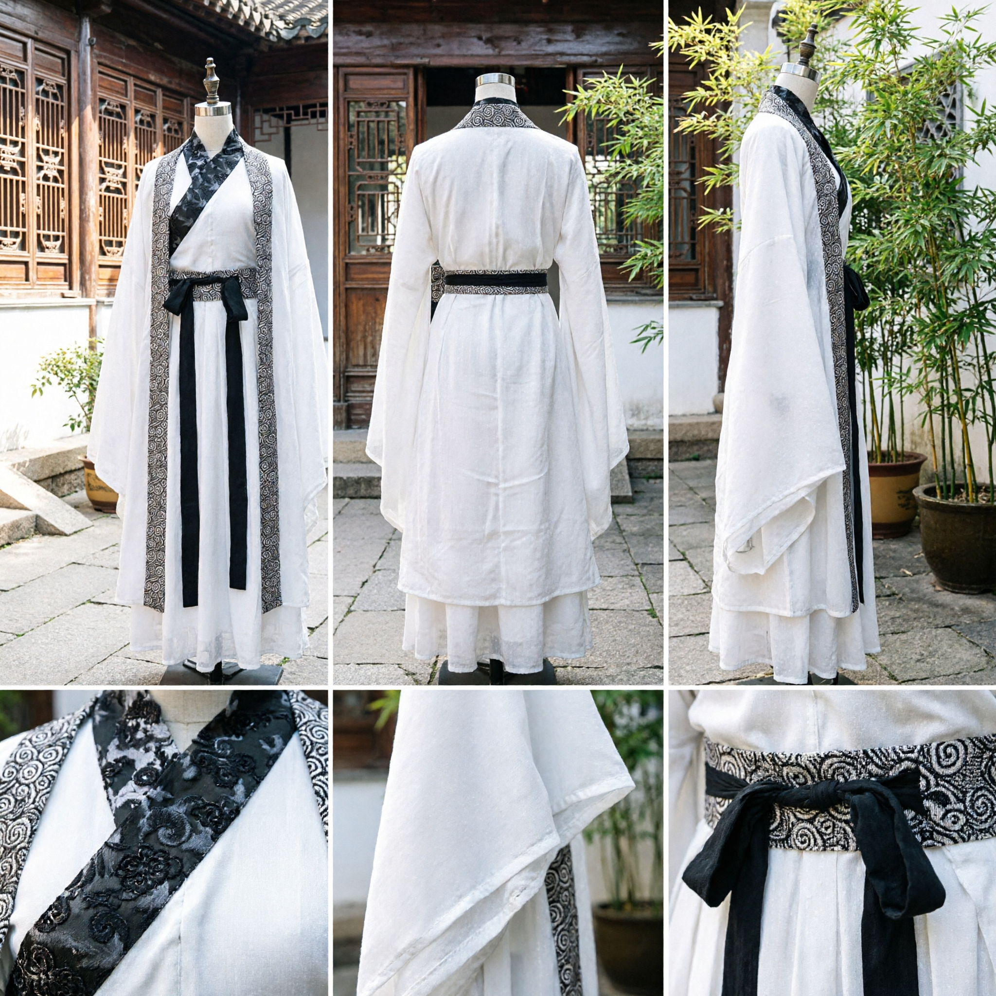 Robe Hanfu chinoise élégante blanche, costume traditionnel de lettré avec garniture noire pour hommes pour cosplay et spectacles - Asian Costume