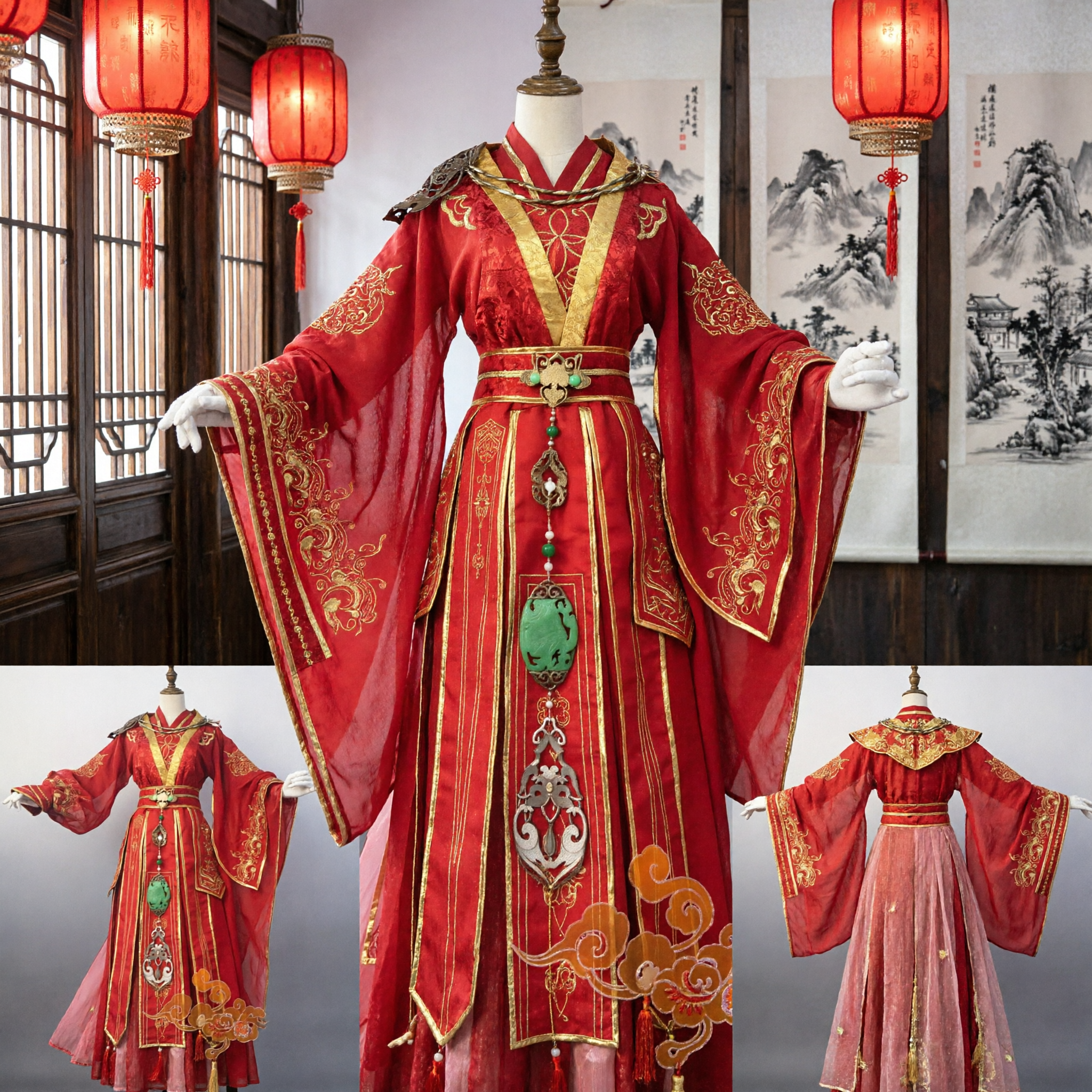 전통 중국 한푸 당나라 적색 자수 로브 고대 공주 의상 여성 코스플레이 - Asian Costume
