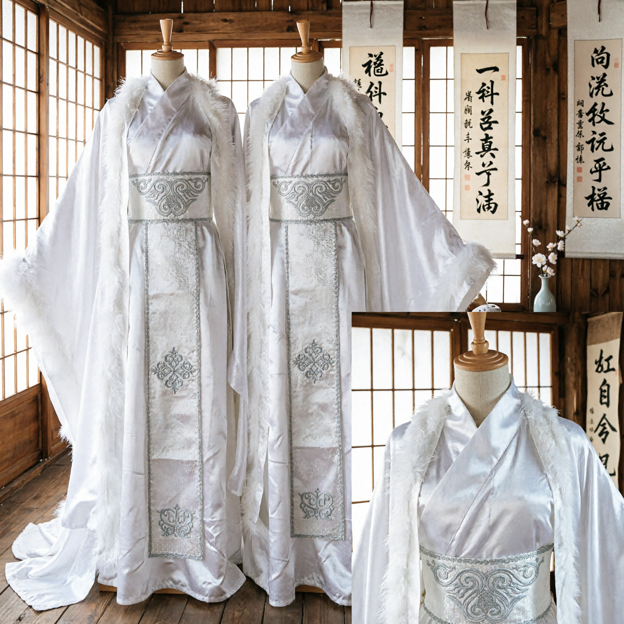 Traditional Chinese Hanfu White Fur Trim Robe Ancient Embroidered Costume for Men Historical Cosplay Performance - Asian Costume