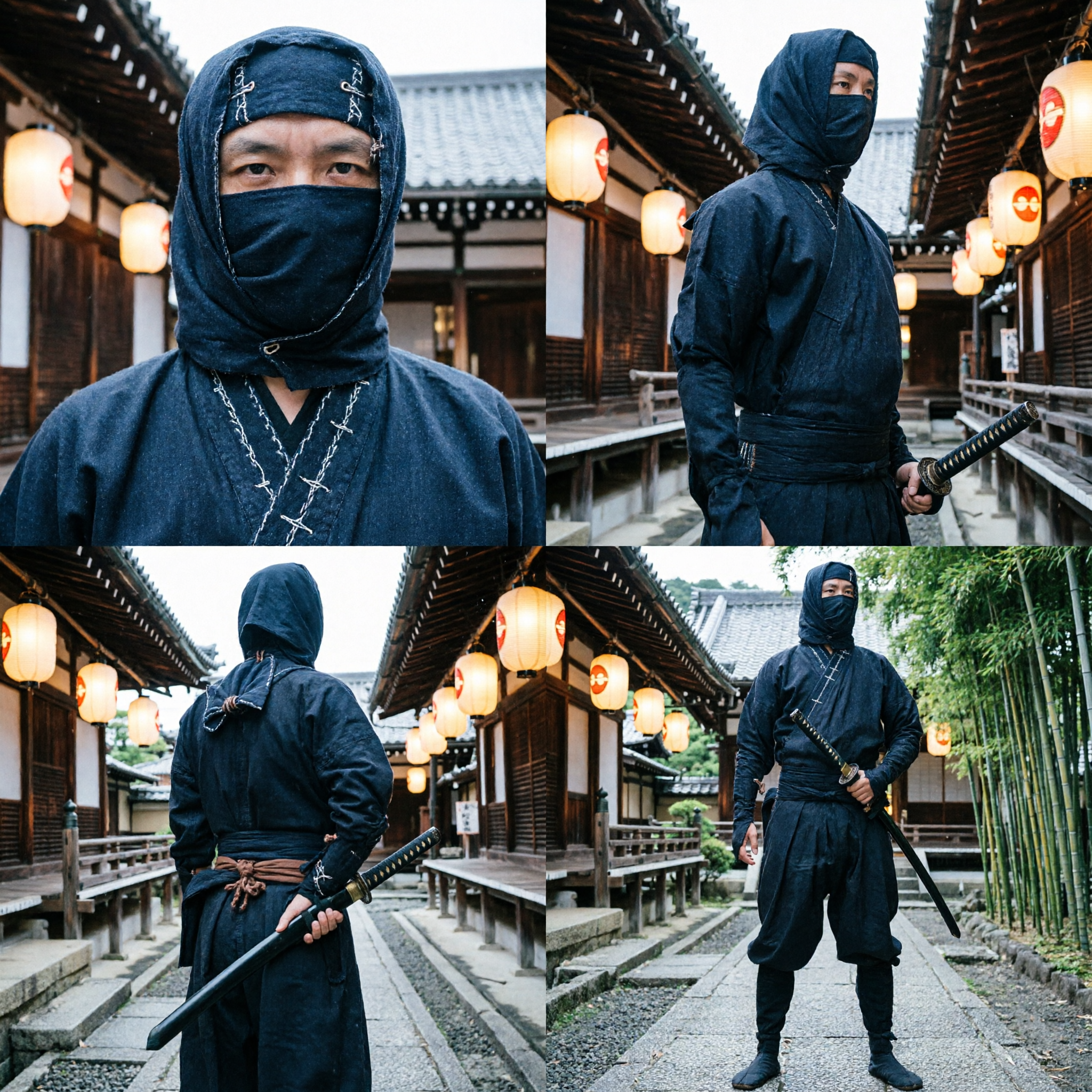 Traje Tradicional de Ninja Preto Completo para Homens com Capuz para Halloween, Cosplay e Roleplay de Artes Marciais - Asian Costume