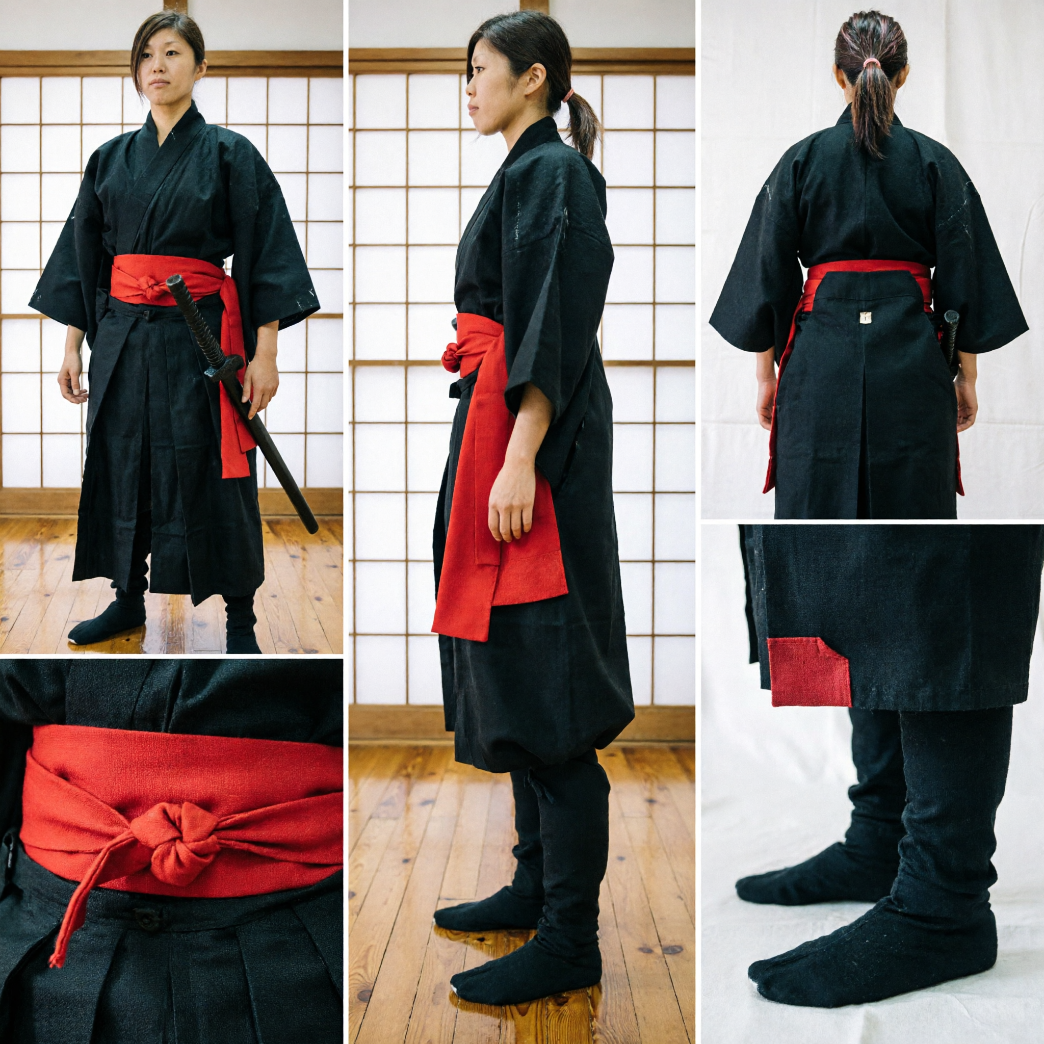Uniforme de Artes Marciais de Ninja Preto para Mulheres com Faixa Vermelha e Espada, Traje Tradicional de Samurai Japonês para Cosplay - Asian Costume