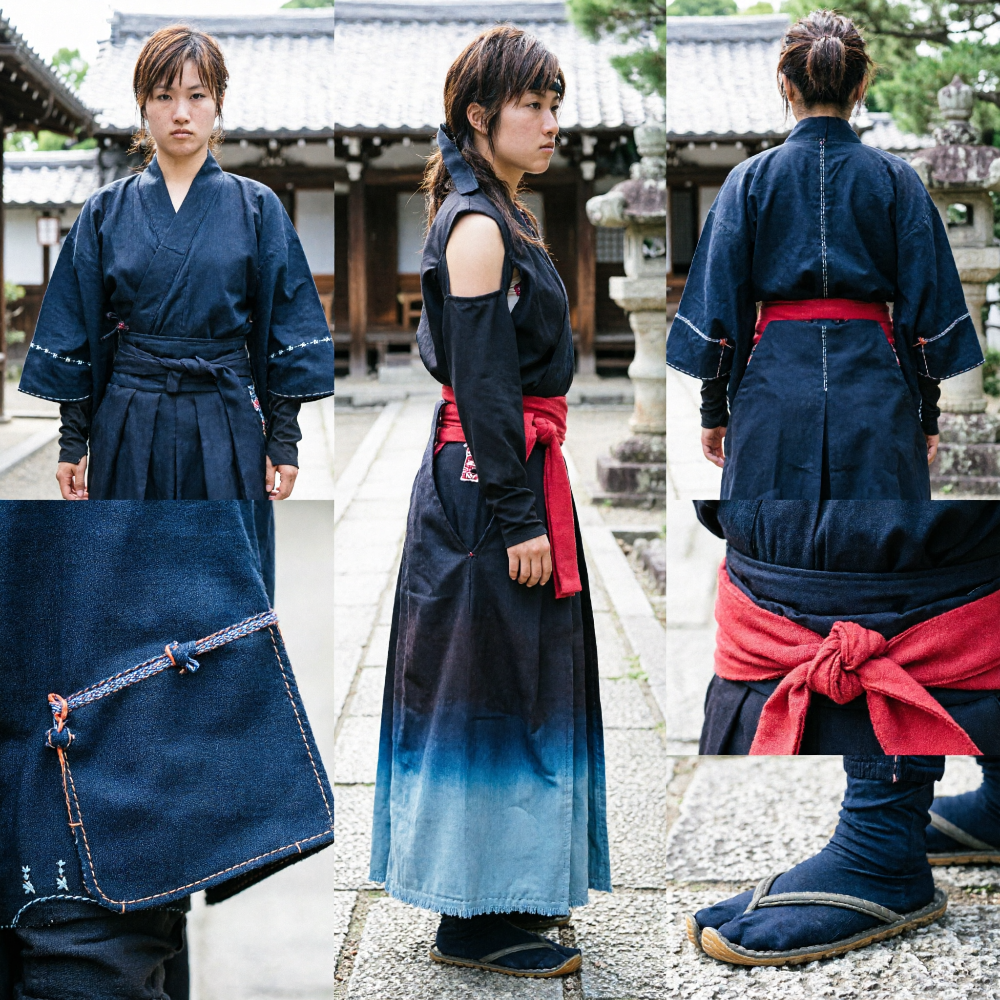 Conjunto de Traje de Guerreira Ninja Preta para Mulheres com Faixa Vermelha e Espadas Duplas para Halloween e Cosplay - Asian Costume