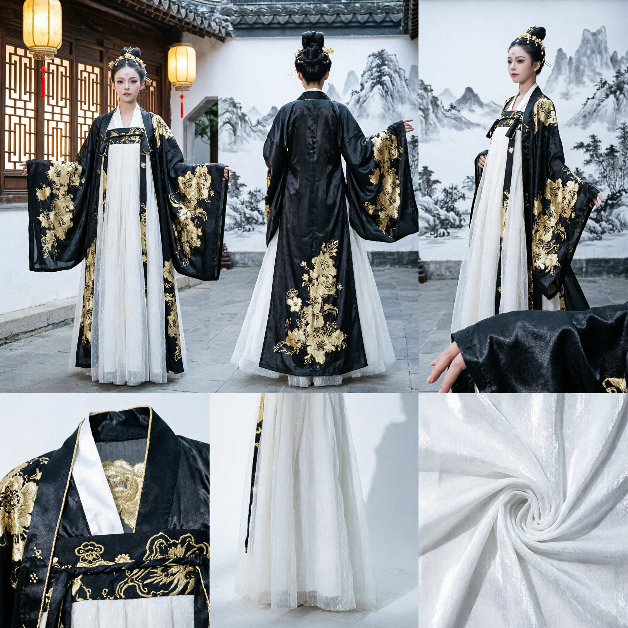 전통 중국 한푸 흑금색 당나라 궁정 공주 의상 여성 고대 의류 - Asian Costume