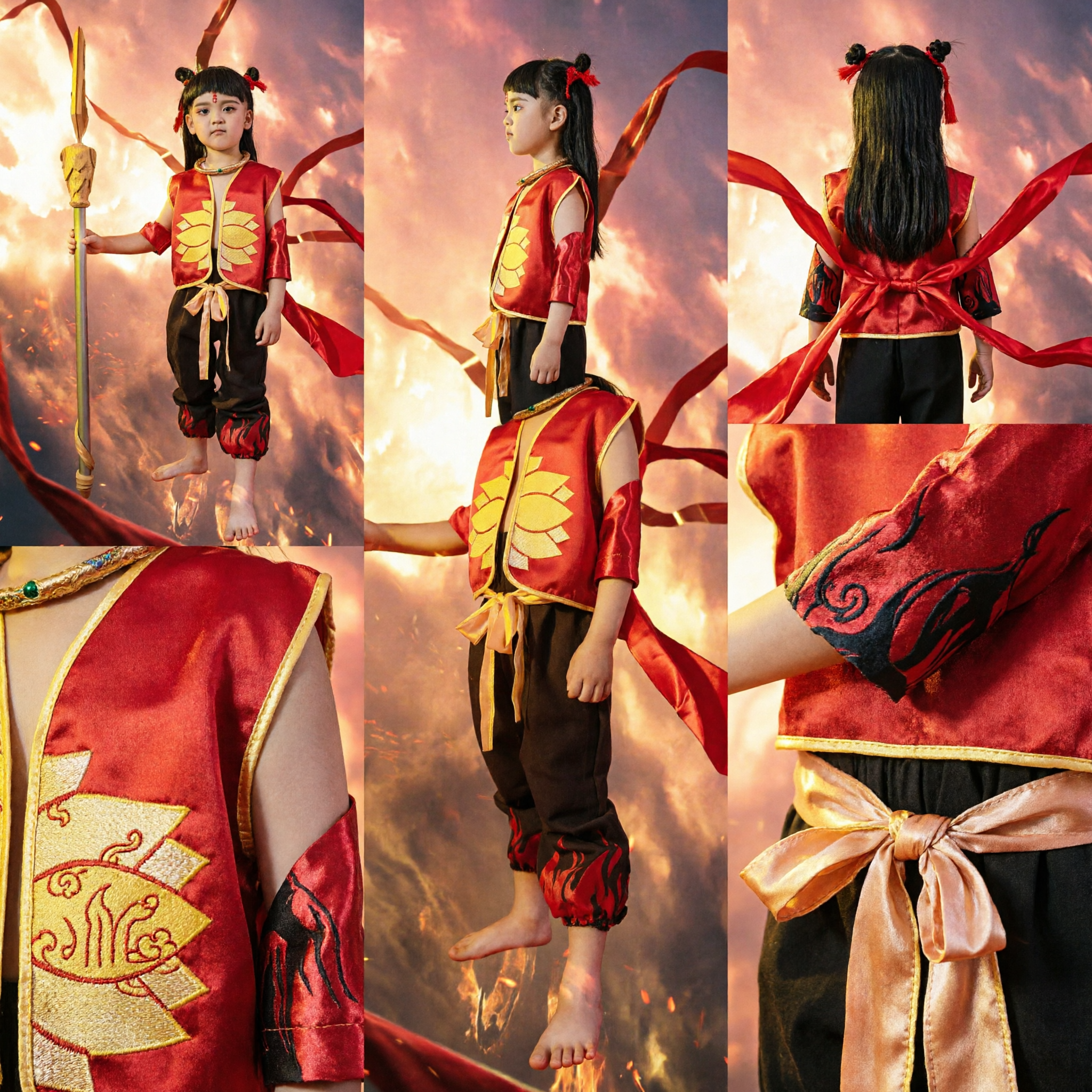Kinder-Chinesische Mythologie Nezha-Krieger-Cosplay-Kostüm traditionelles rotes Westen-Outfit für Halloween und Bühnenauftritte - Asian Costume