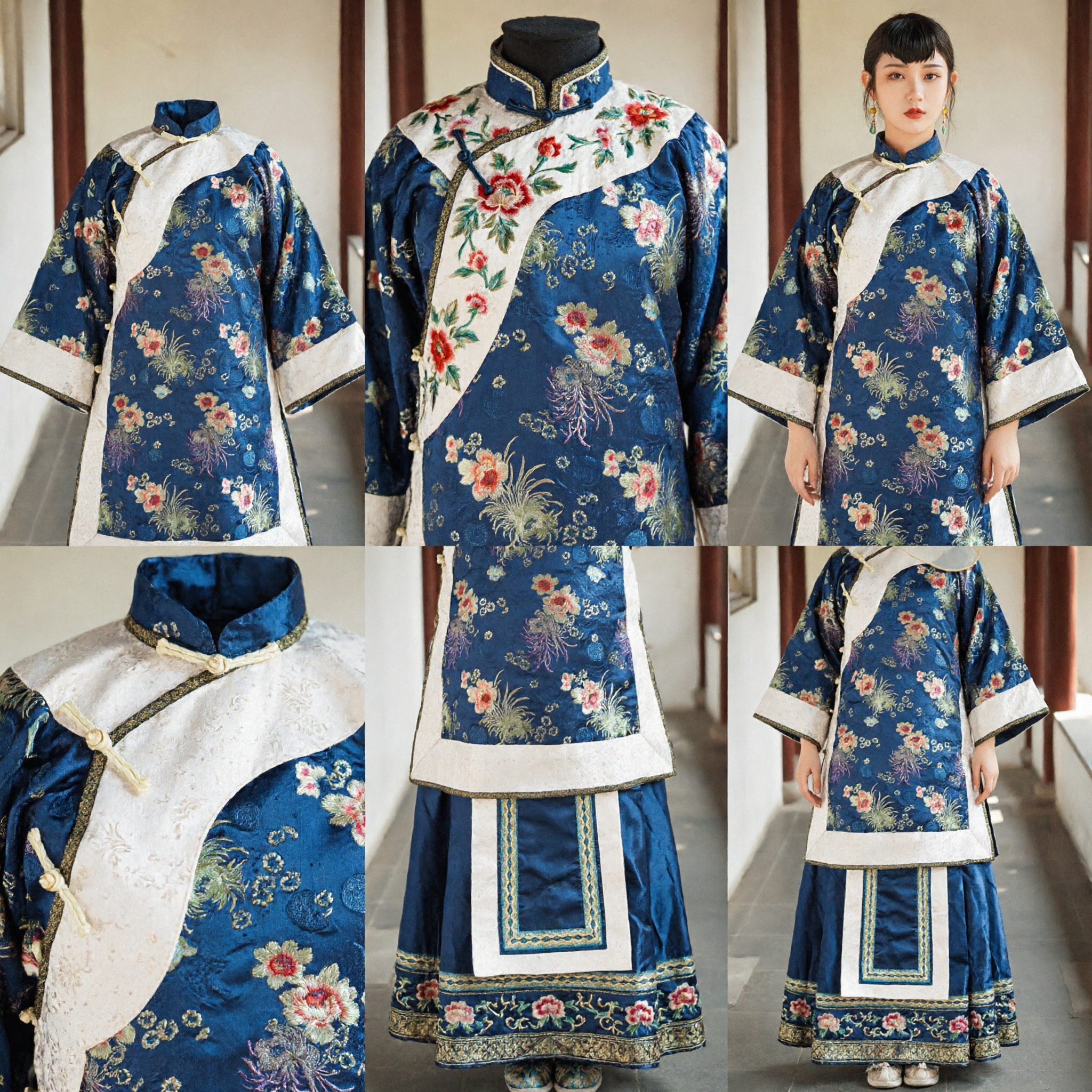 Antico Costume Cinese Tradizionale Completo Top e Gonna con Ricamo Floreale Blu e Maniche Ampie per Donne - Asian Costume