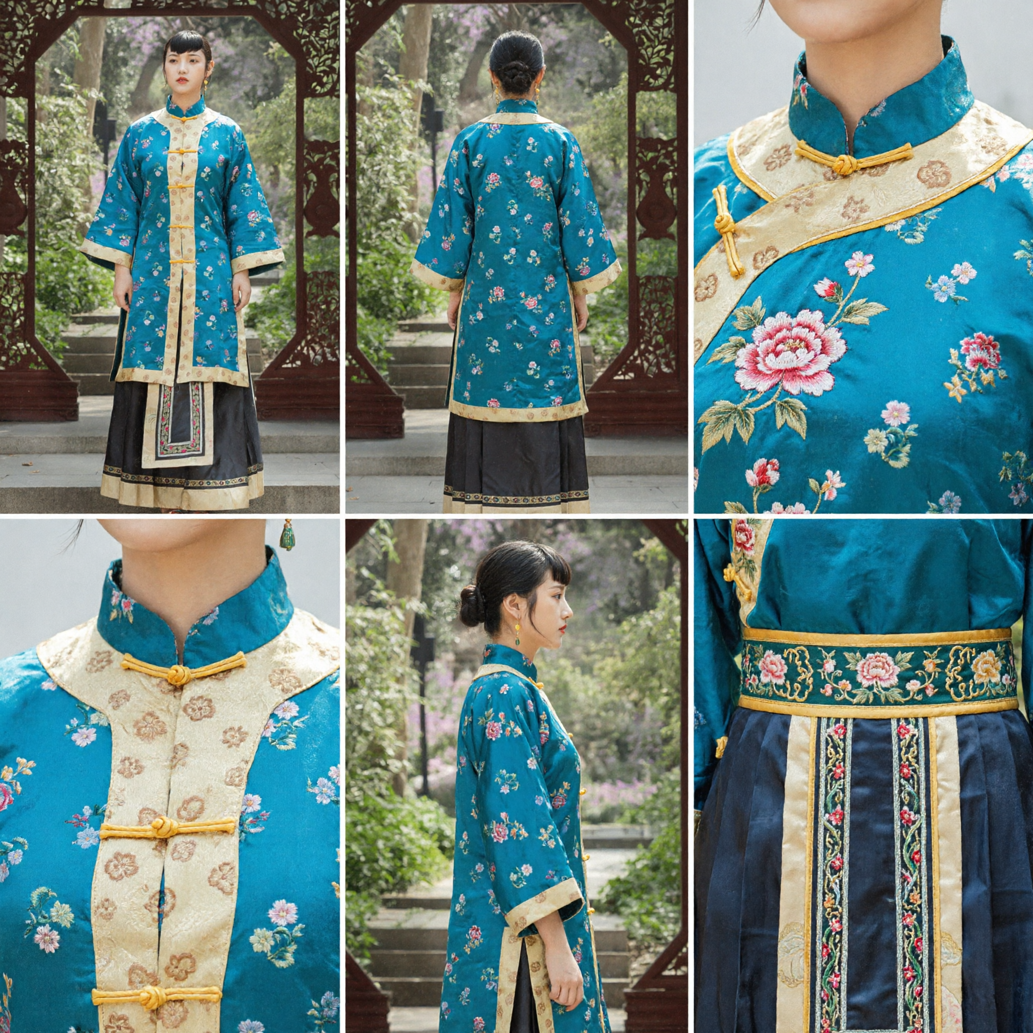 Ensemble traditionnel chinois style Minguo, veste Ao Qun et jupe brodée de fleurs bleues, costume historique pour femmes - Asian Costume