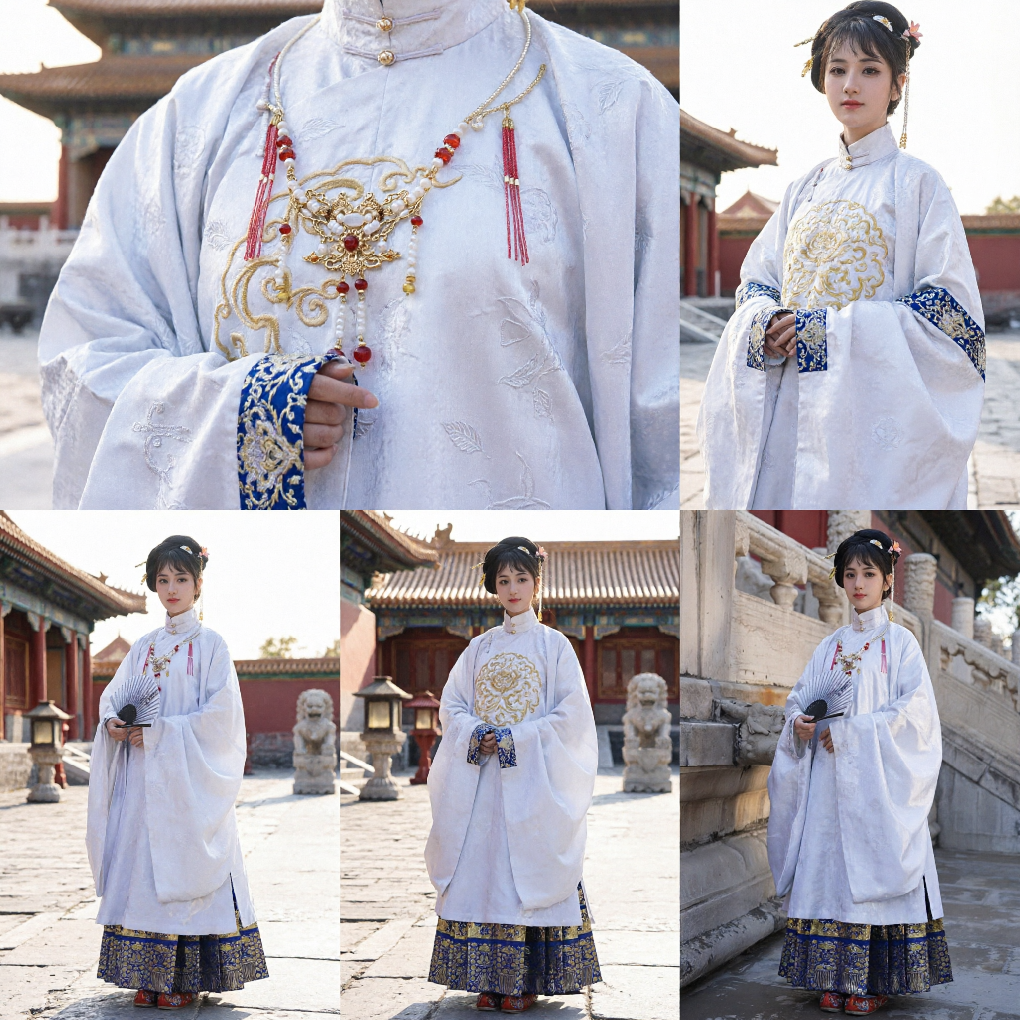 Traditional Chinese Hanfu Ming Dynasty White Standing Collar Robe and Blue Skirt Set for Women Cosplay - Asian Costume
