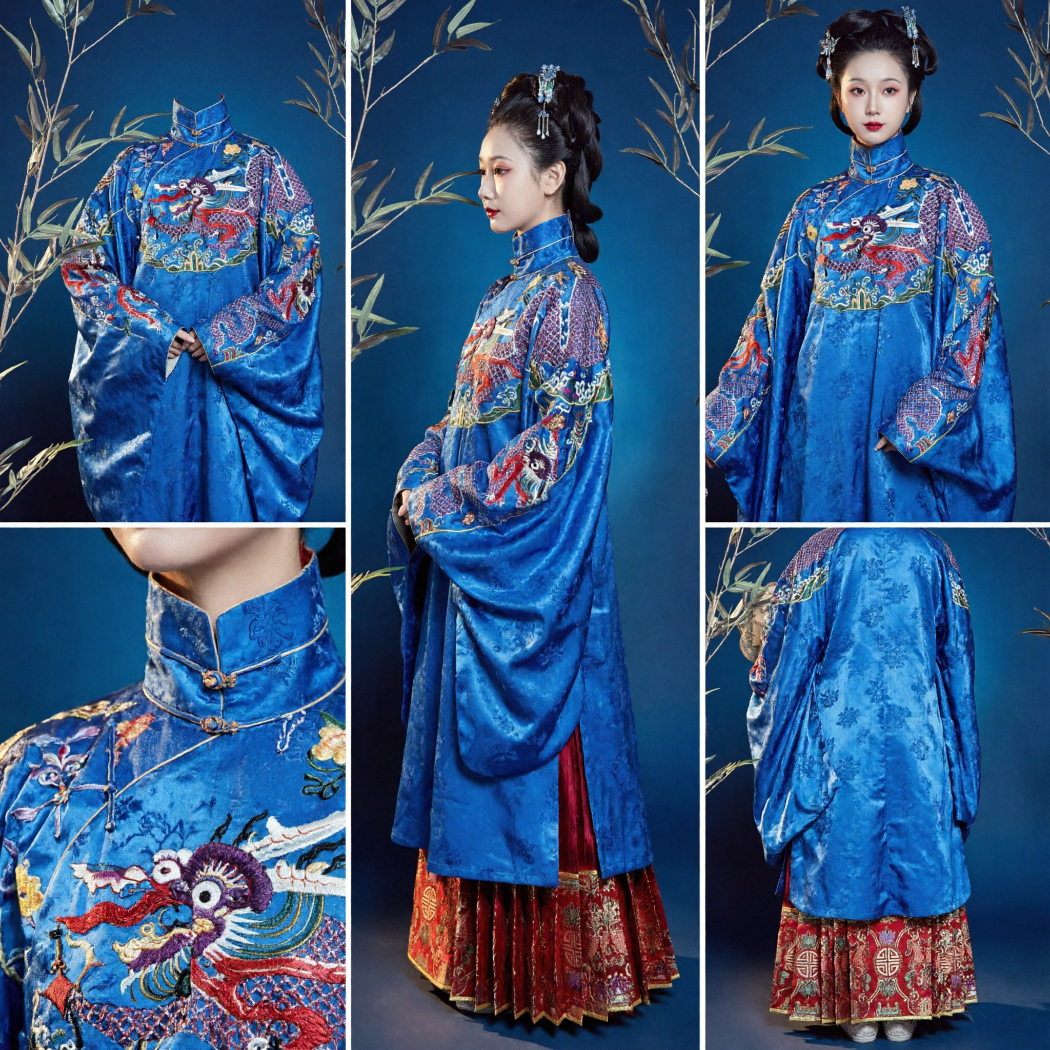 伝統的中国漢服 明王朝 青龍刺繍襖（アオ）トップスと赤いスカート 女性用婚礼衣装セット - Asian Costume