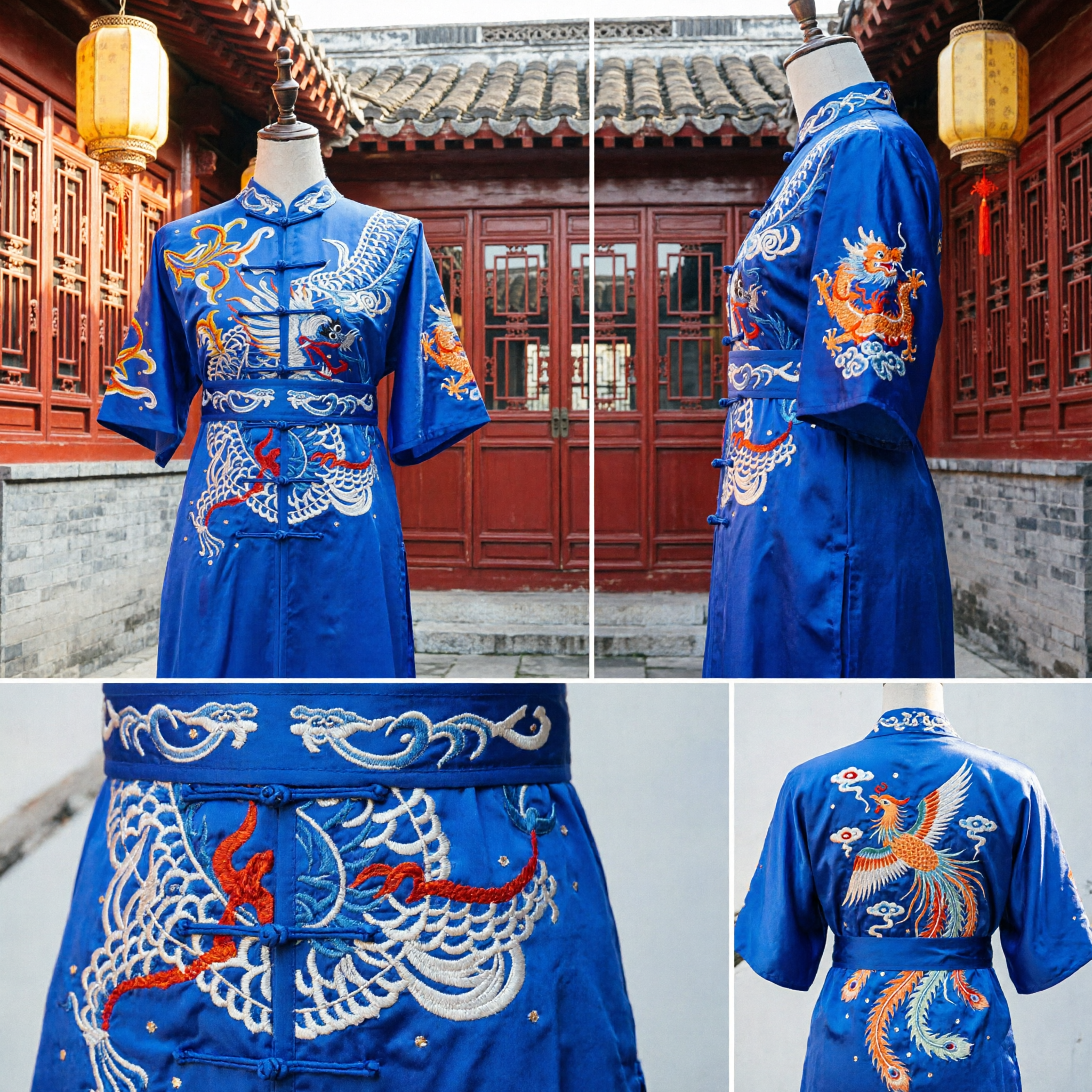 Uniforme de Kung Fu Chinês com Bordado de Dragão Azul Royal para Homens, Traje Tradicional de Artes Marciais Tai Chi em Cetim - Asian Costume