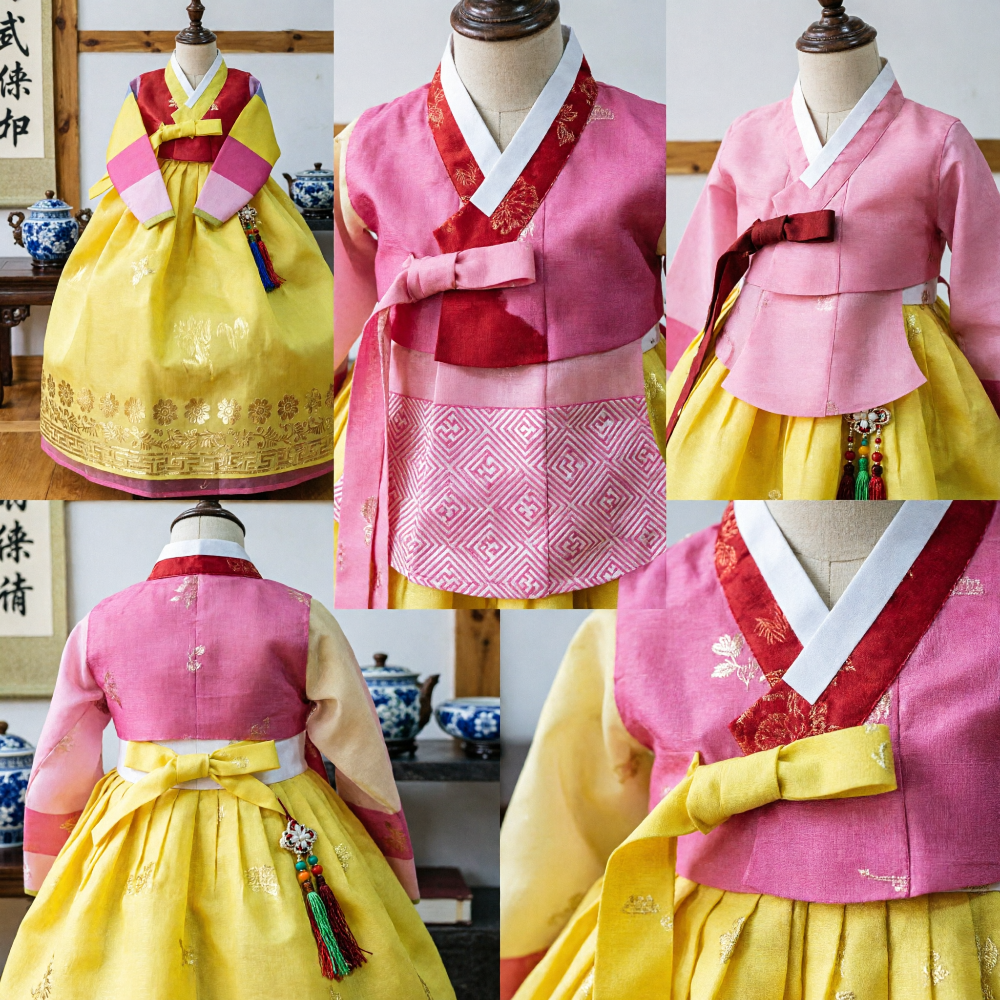 Tradycyjny Koreański Hanbok Żółty Komplet Chima i Jeogori dla Kobiet i Dziewcząt do Tańca Ludowego Występów Kulturowych - Asian Costume
