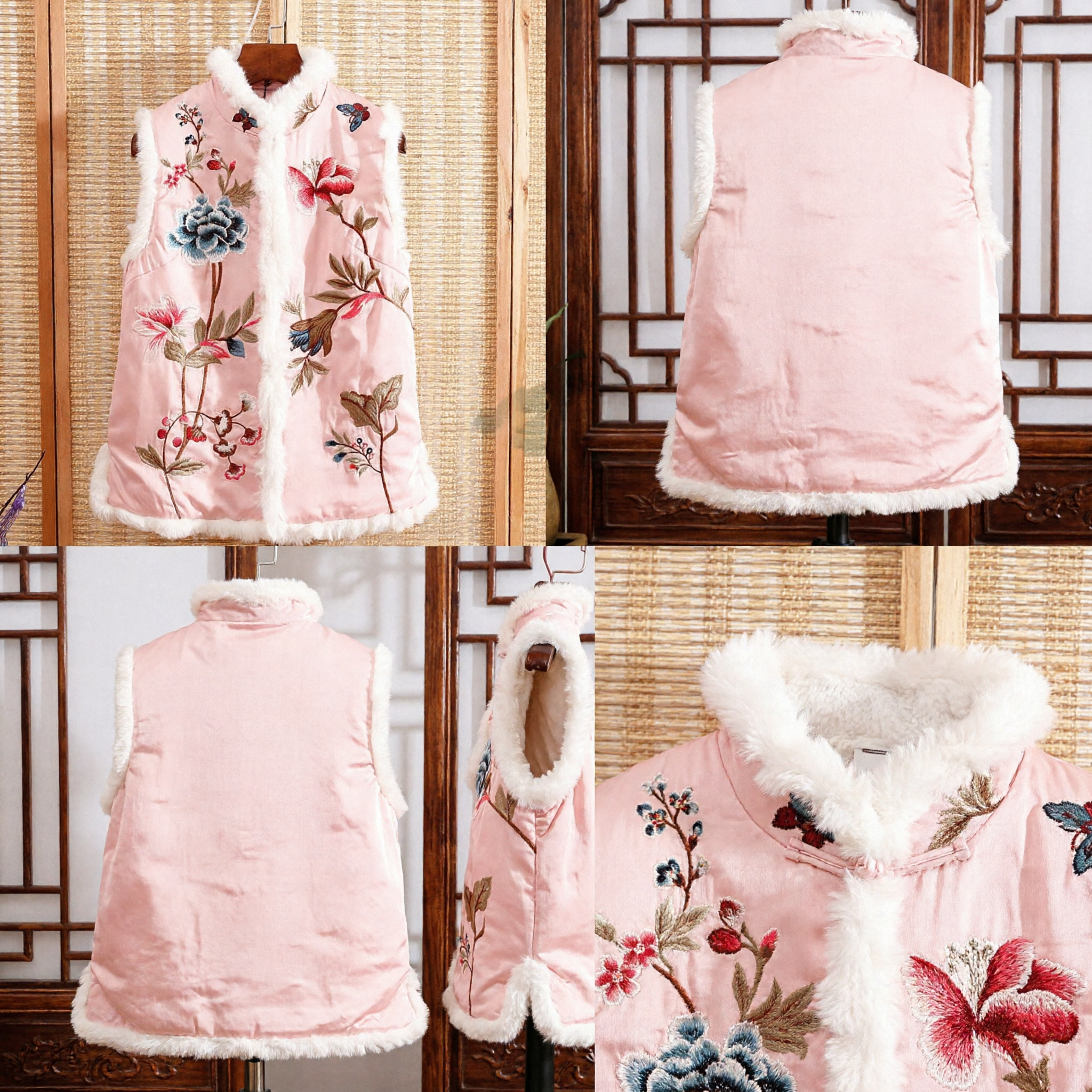 전통 중국 분홍색 자수 조끼 여성 겨울용 보온 모피 트림 웨이스트코트 당의 한푸 아우터 - Asian Costume