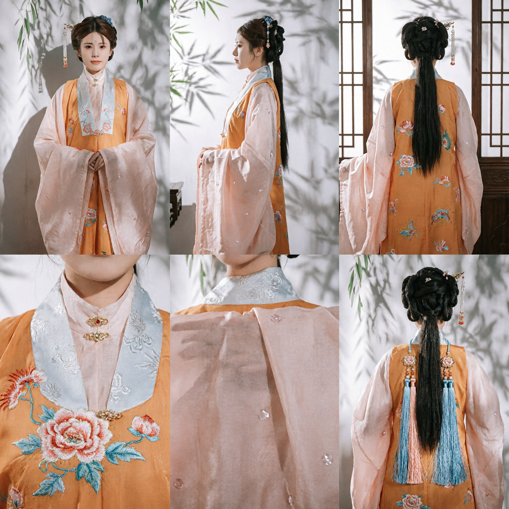 Elegantes traditionelles chinesisches Hanfu-Kleid, orange Blumenstickerei, Ming-Dynastie antikes Kostüm für Frauen - Asian Costume