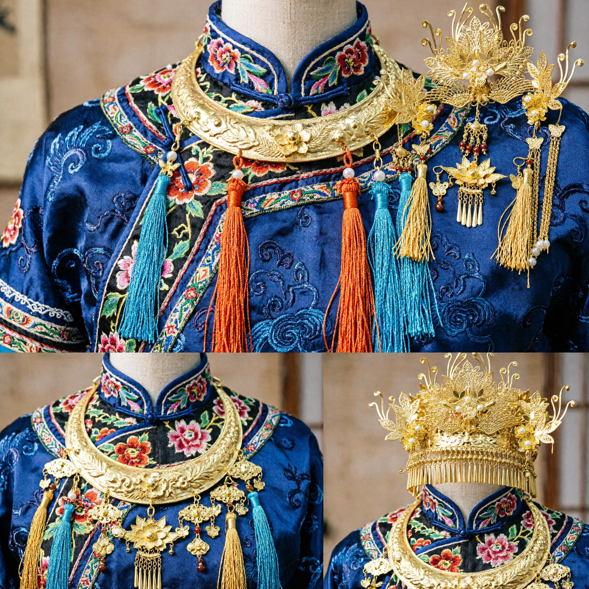 Set de Accesorios para el Cabello Corona de Fénix de Filigrana Dorada Tradicional China para Traje de Boda Hanfu Antiguo de Novia - Asian Costume