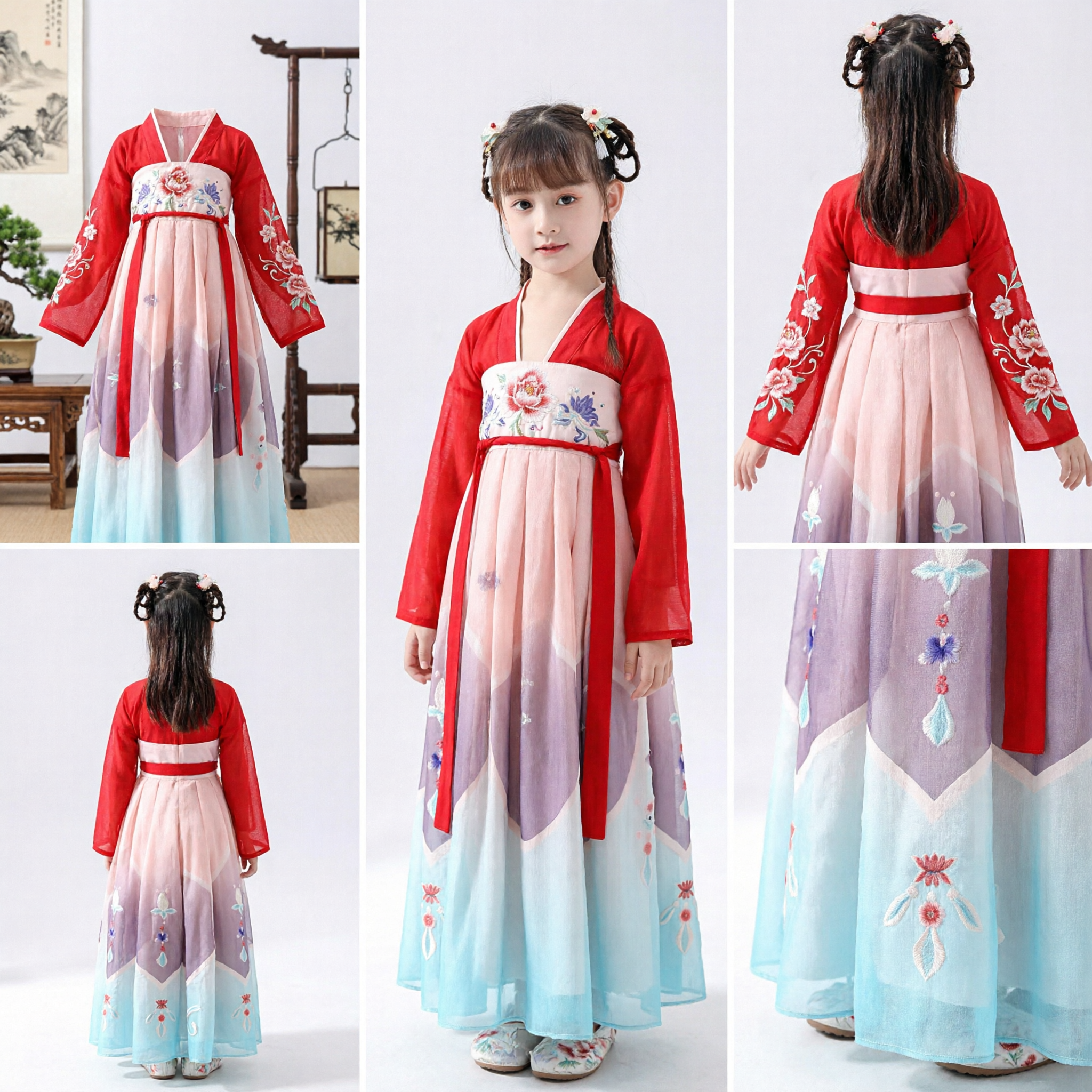 Traje Hanfu Tradicional Chinês para Meninas Vestido Antigo Vermelho Bordado Infantil para Performance Festiva - Asian Costume