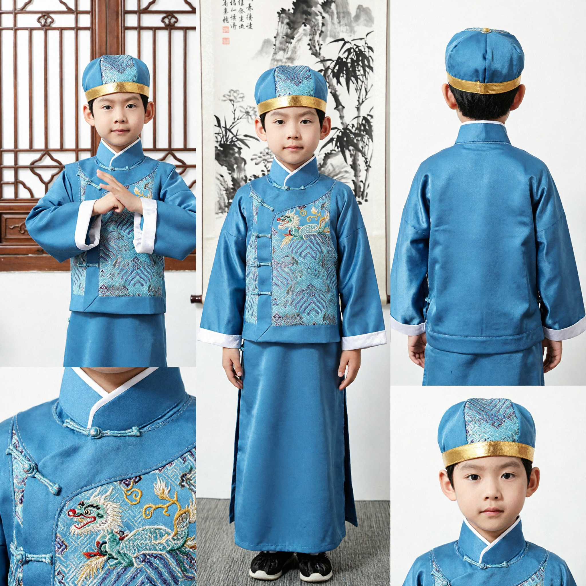 Traditionelles chinesisches antikes Gelehrtenkostüm für Jungen, blaues besticktes Tang-Anzug-Hanfu-Gewand für Kinderfeste - Asian Costume