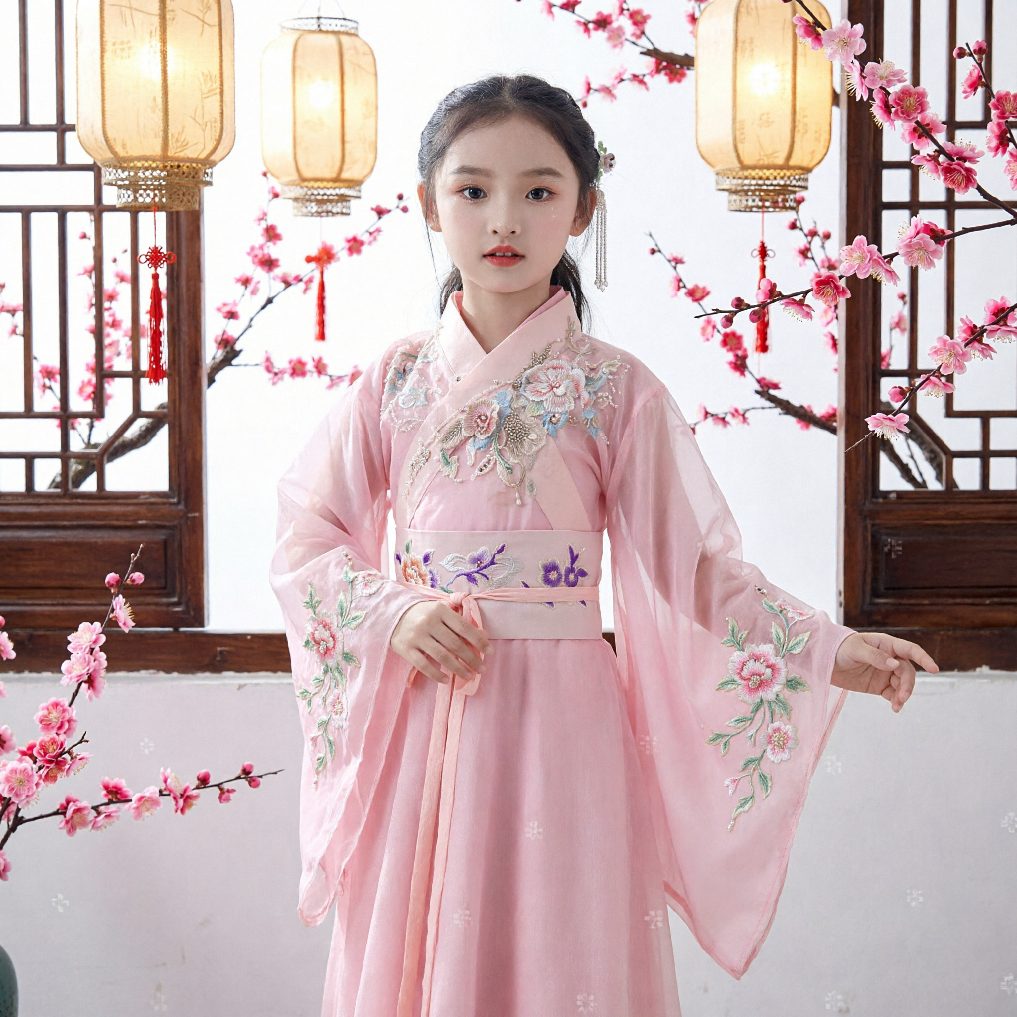 Hanfu chinois rose pour filles, costume de fée brodé traditionnel, robe de princesse ancienne pour enfants pour spectacle de festival - Asian Costume