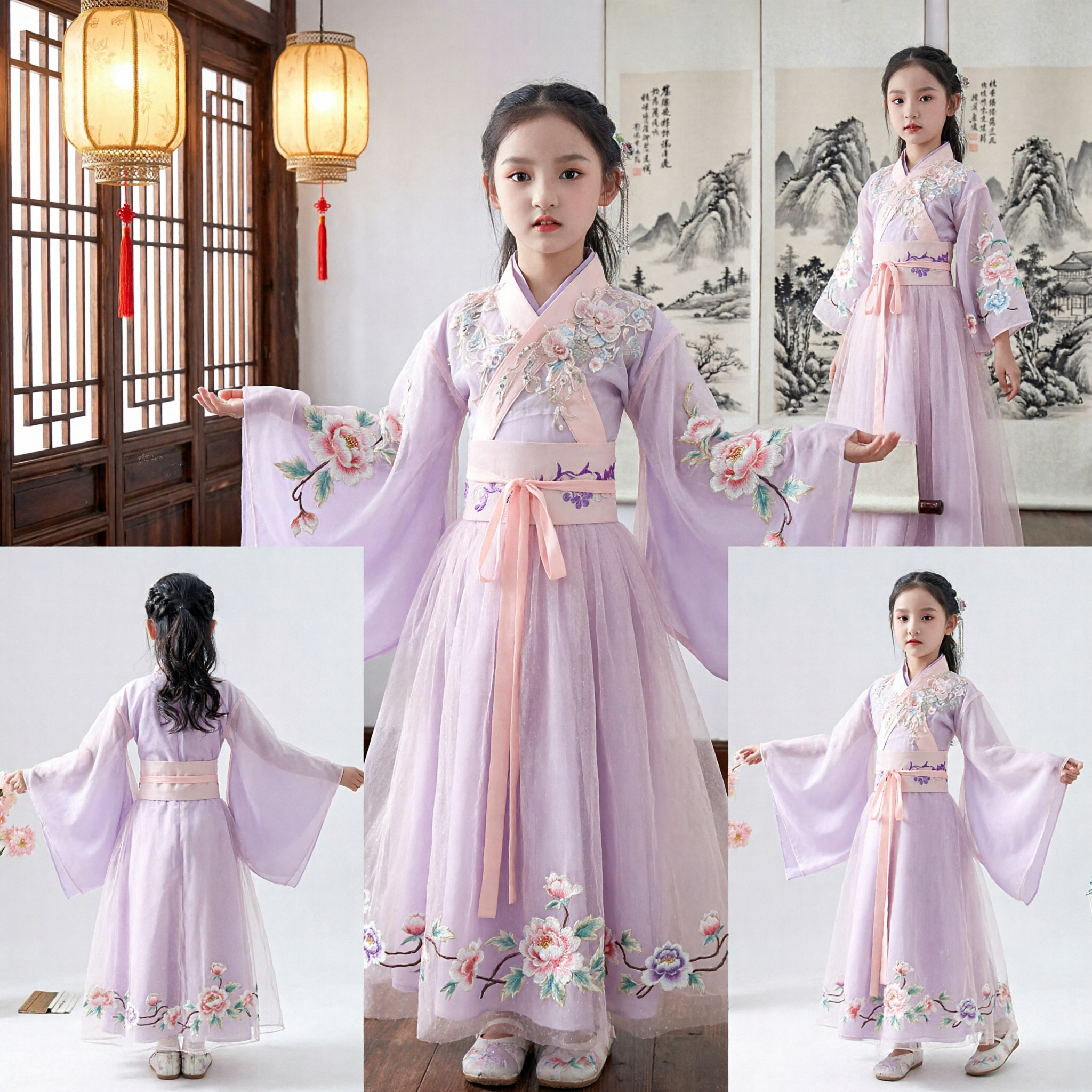 زي هانفو صيني تقليدي للفتيات - فستان أميرة وحورية قديم بتطريز أرجواني ملابس أطفال - Asian Costume