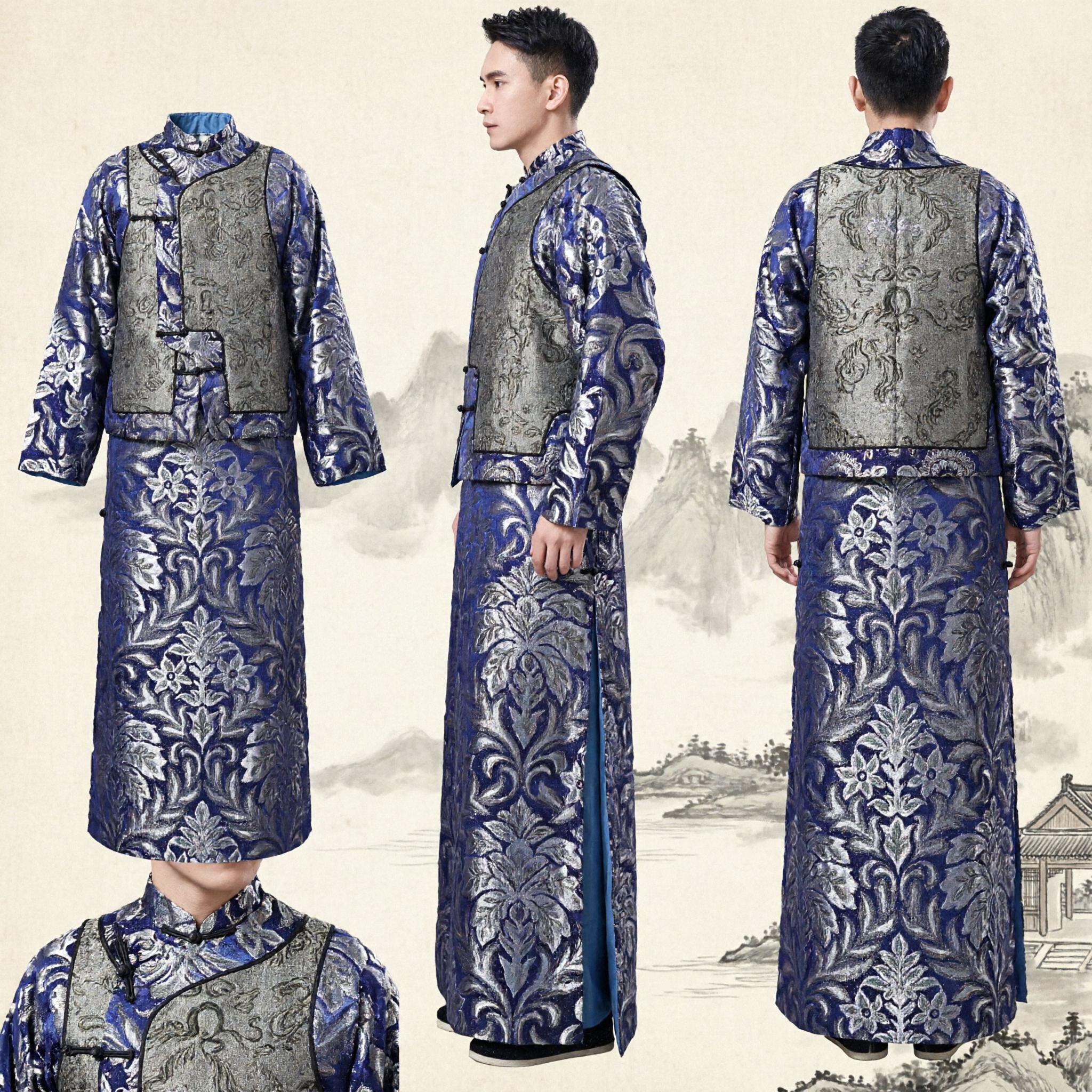 Set Tradizionale Cinese per Uomini Changshan e Magua in Broccato Blu, Costume da Sposo Tang Suit - Asian Costume