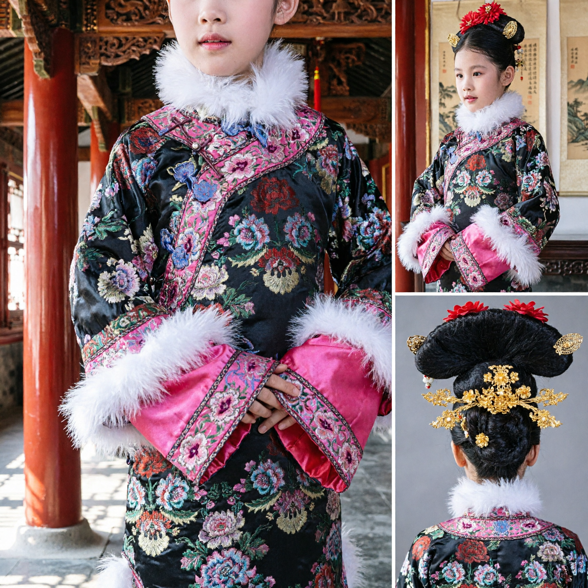 子供中国伝統衣装 女児清朝プリンセス刺繍毛皮襟ドレス 新年パフォーマンス用 - Asian Costume