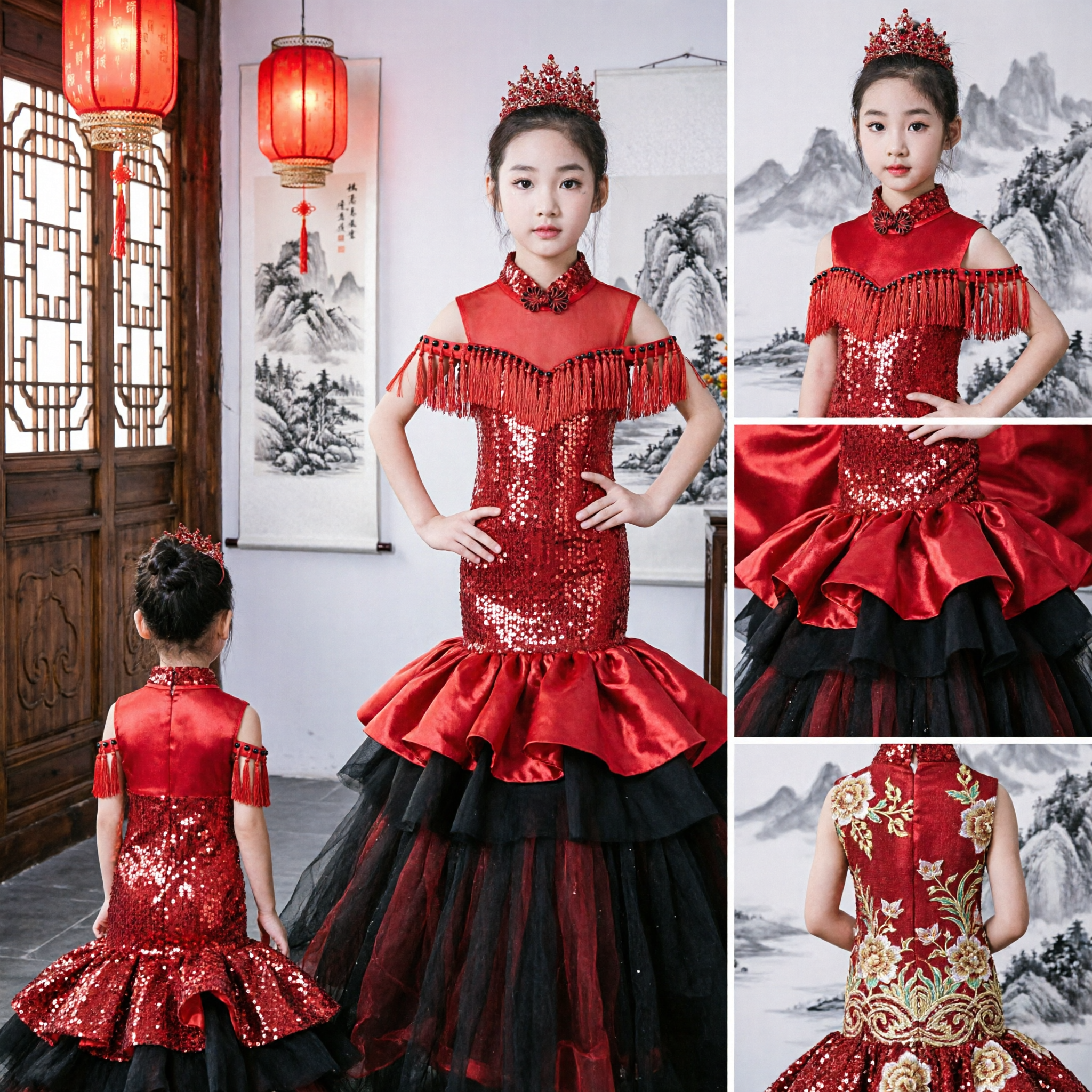 Vestido de Gala Vermelho com Lantejoulas para Meninas Infantil Vestido de Performance de Apresentação no Palco Formal com Franja - Asian Costume