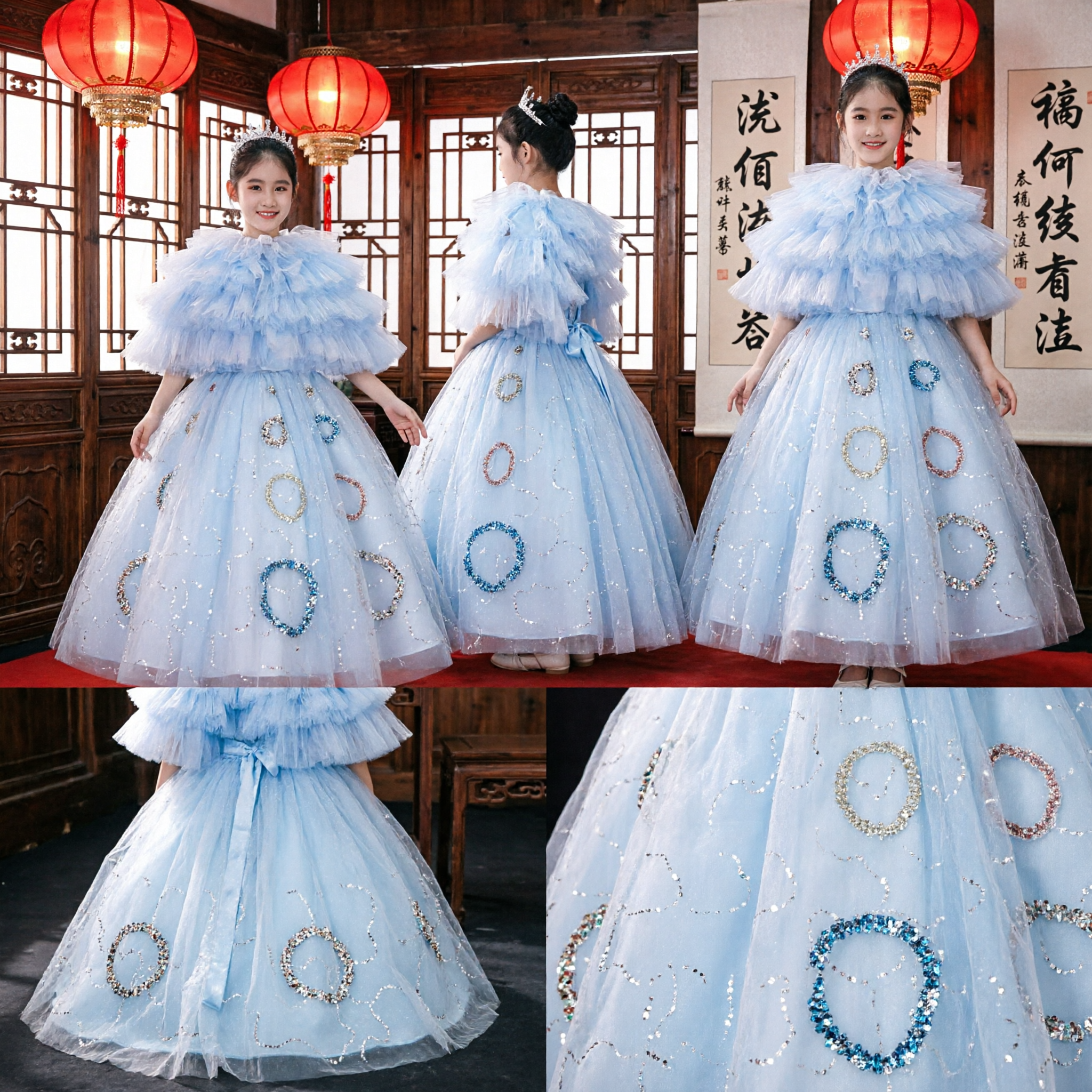 Meisjes Lichtblauwe Gerimpelde Tulle Baljurk Prinsessenjurk voor Concoursen, Bruiloften en Formele Optredens - Asian Costume
