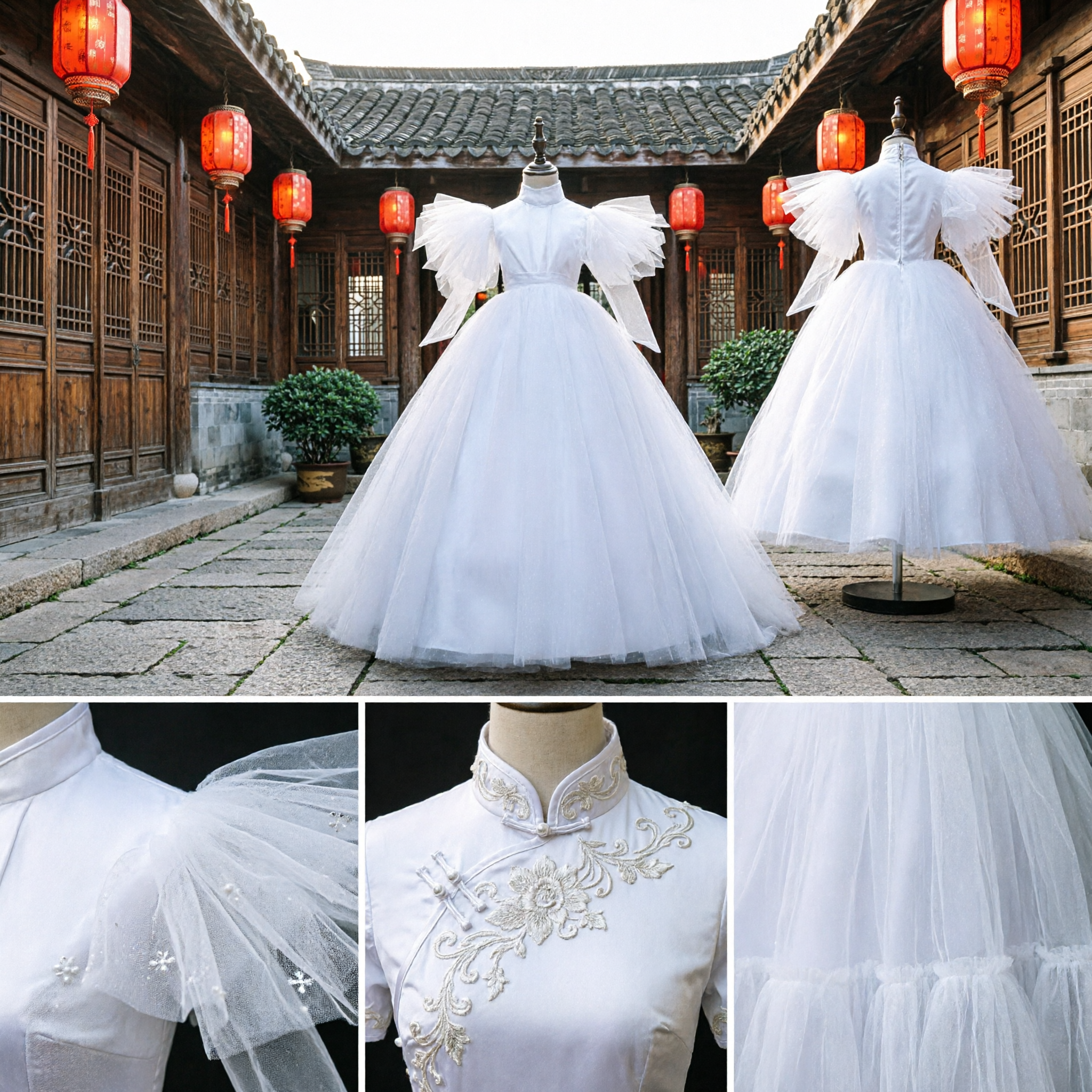 Elegante Vestido de Menina das Flores Balão Branco com Mangas em Capa de Tule, Vestido de Primeira Comunhão, Concurso e Casamento - Asian Costume