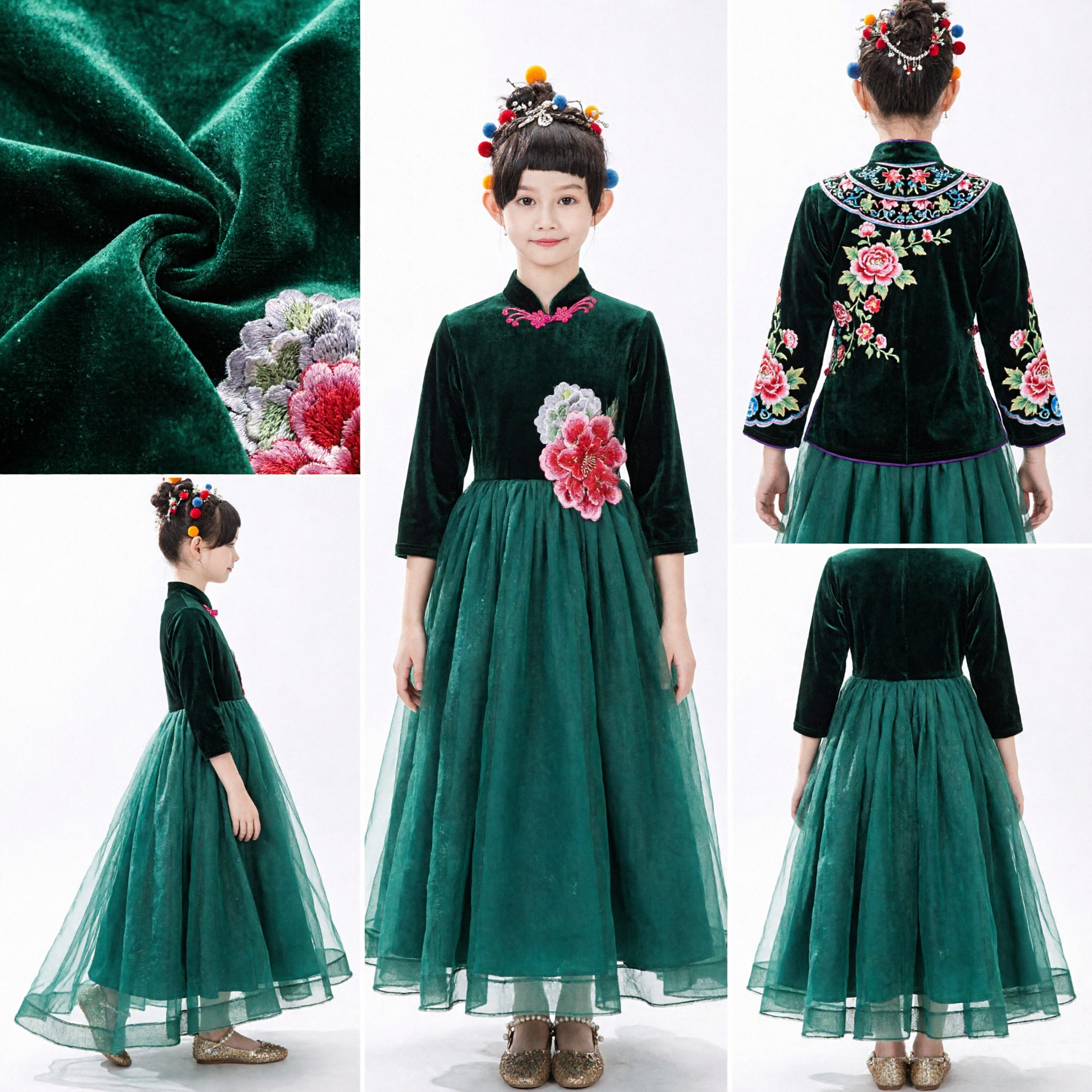 Girls Traditional Chinese Green Velvet Cheongsam Dress with Tulle Skirt for Wedding Flower Girl Performance - Asian Costume