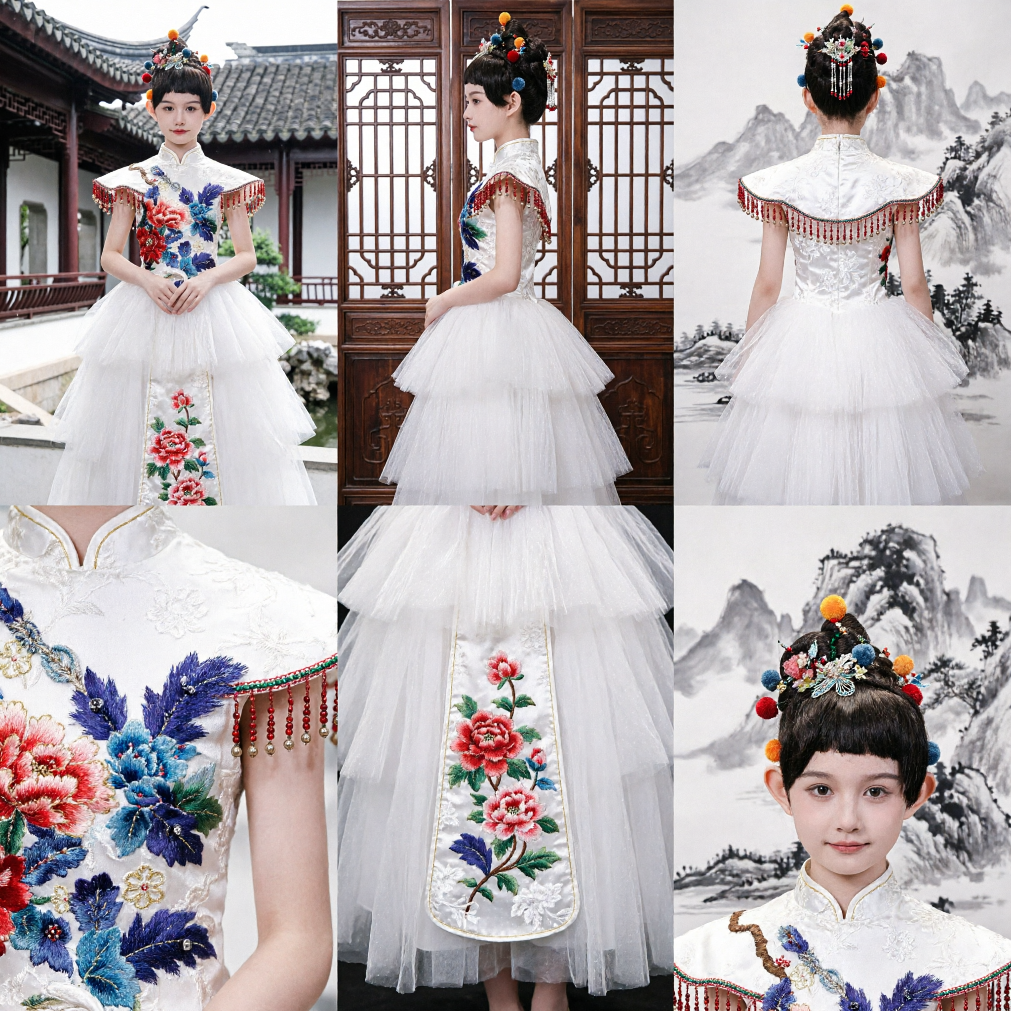 Elegantes chinesisches Cheongsam-Kleid für Mädchen mit Blumenstickerei und langem weißem Tüllrock für Bühnenauftritt - Asian Costume