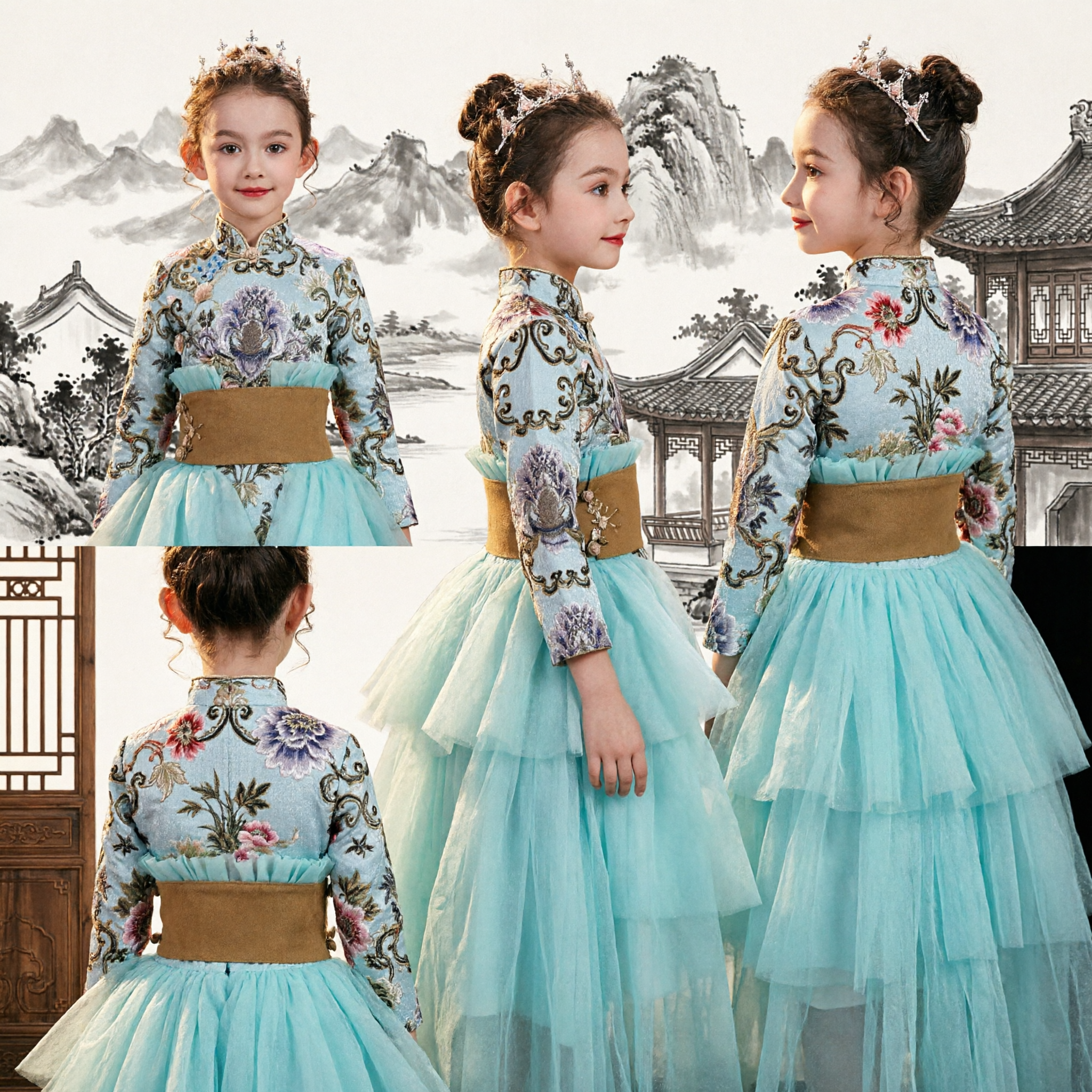 Kinderen Meisjes Traditioneel Chinese Cheongsam-jurk Blauw Geborduurd Topje Gelaagde Tulle Rok Optreden Kostuum - Asian Costume