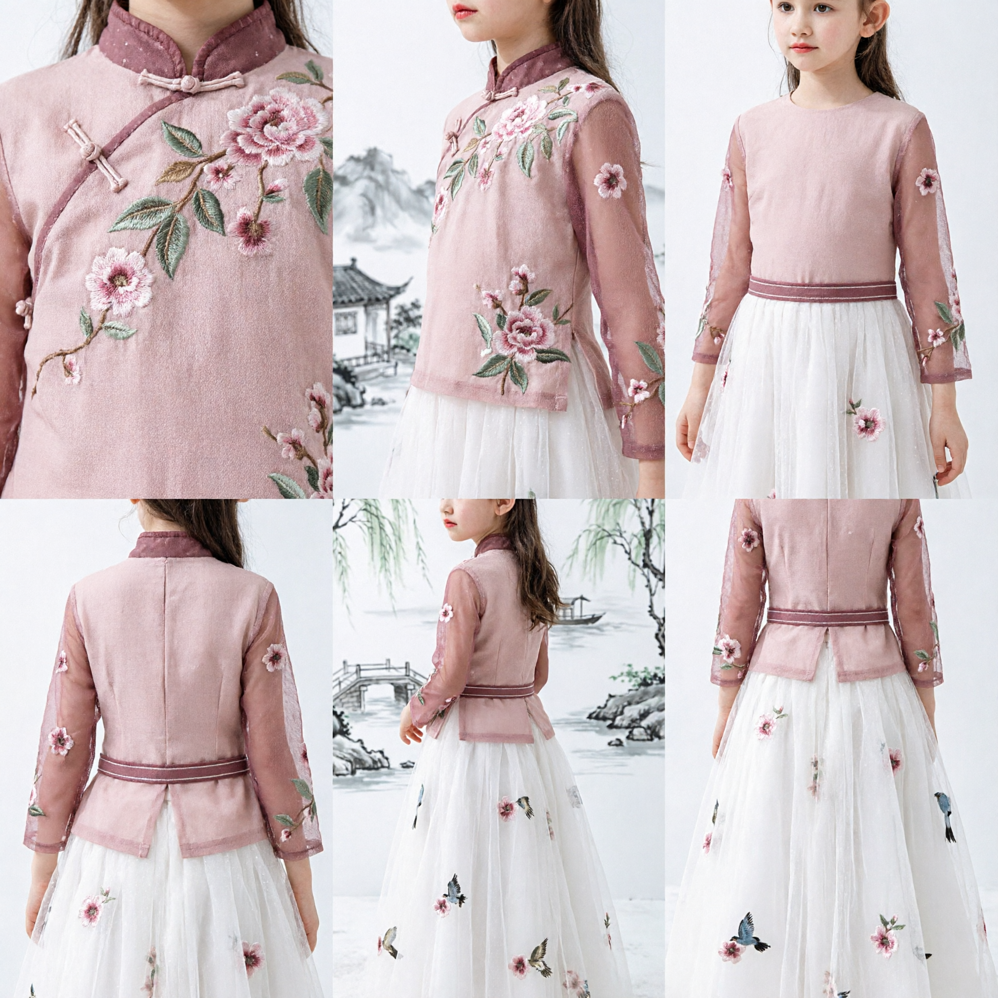 Mädchen Antikes chinesisches Hanfu-Kleid, rosa besticktes Oberteil, weißer Blumen-Tüllrock, Kinder-Auftrittskostüm - Asian Costume