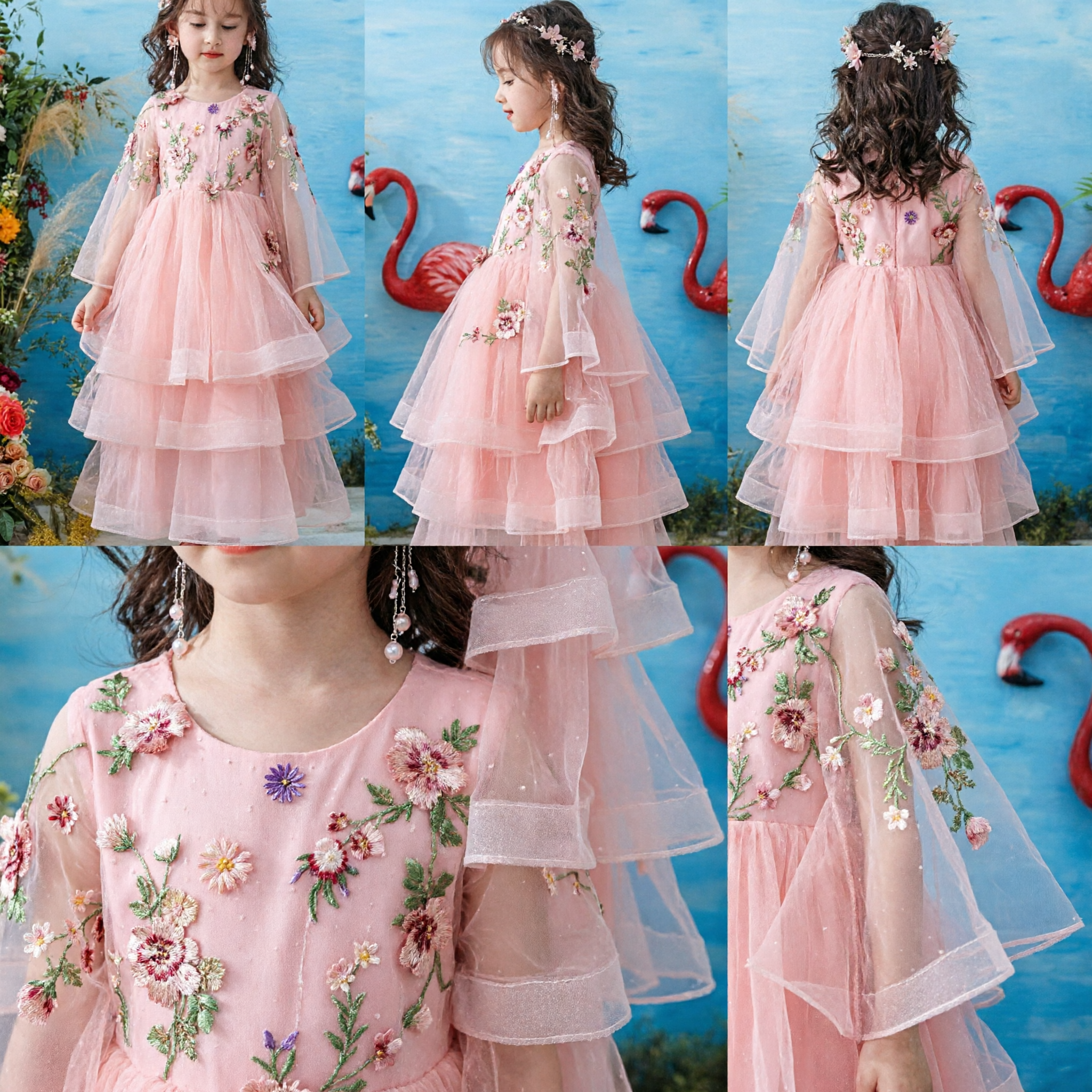 Elegante Vestido Largo de Princesa Rosa con Bordado Floral de Tul para Niñas, Vestido de Niña de las Flores para Fiesta de Boda - Asian Costume