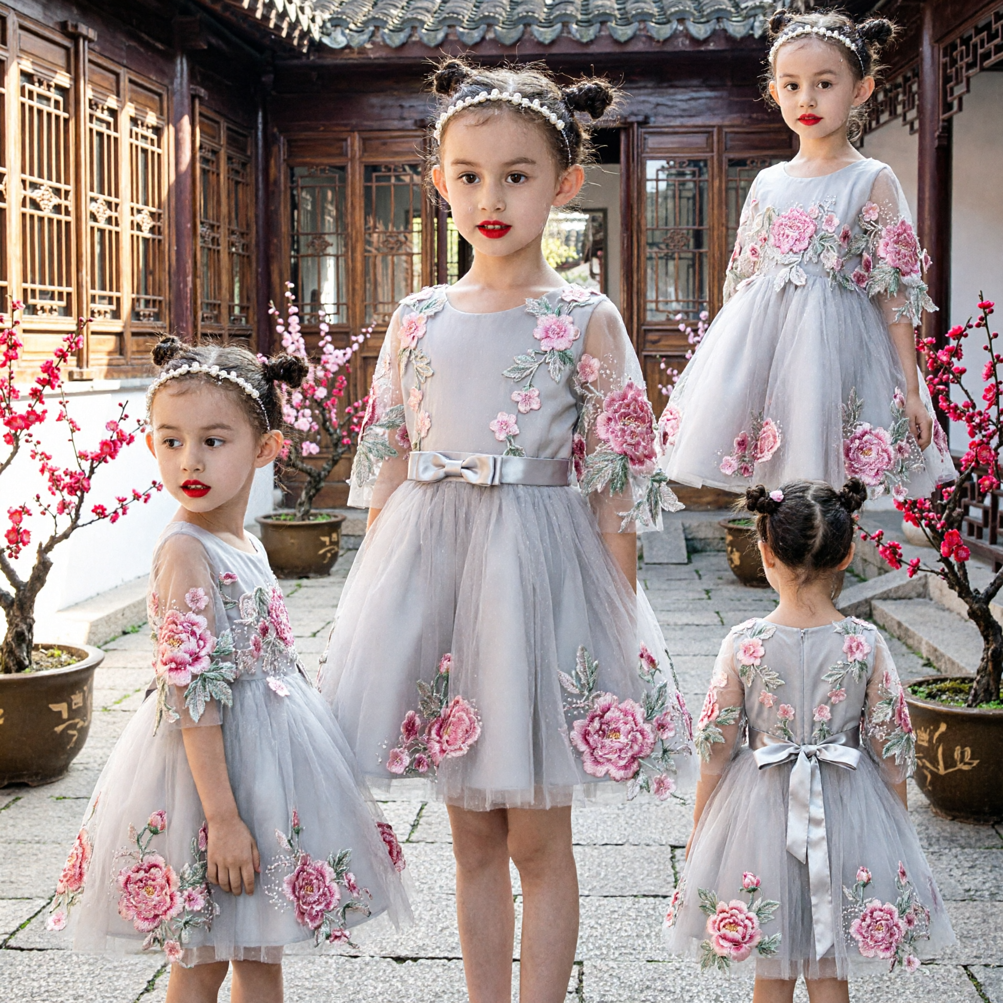 Elegante Vestido de Tul con Bordado Floral para Niñas, Estilo Princesa para Boda Formal, Fiesta y Niña de las Flores - Asian Costume