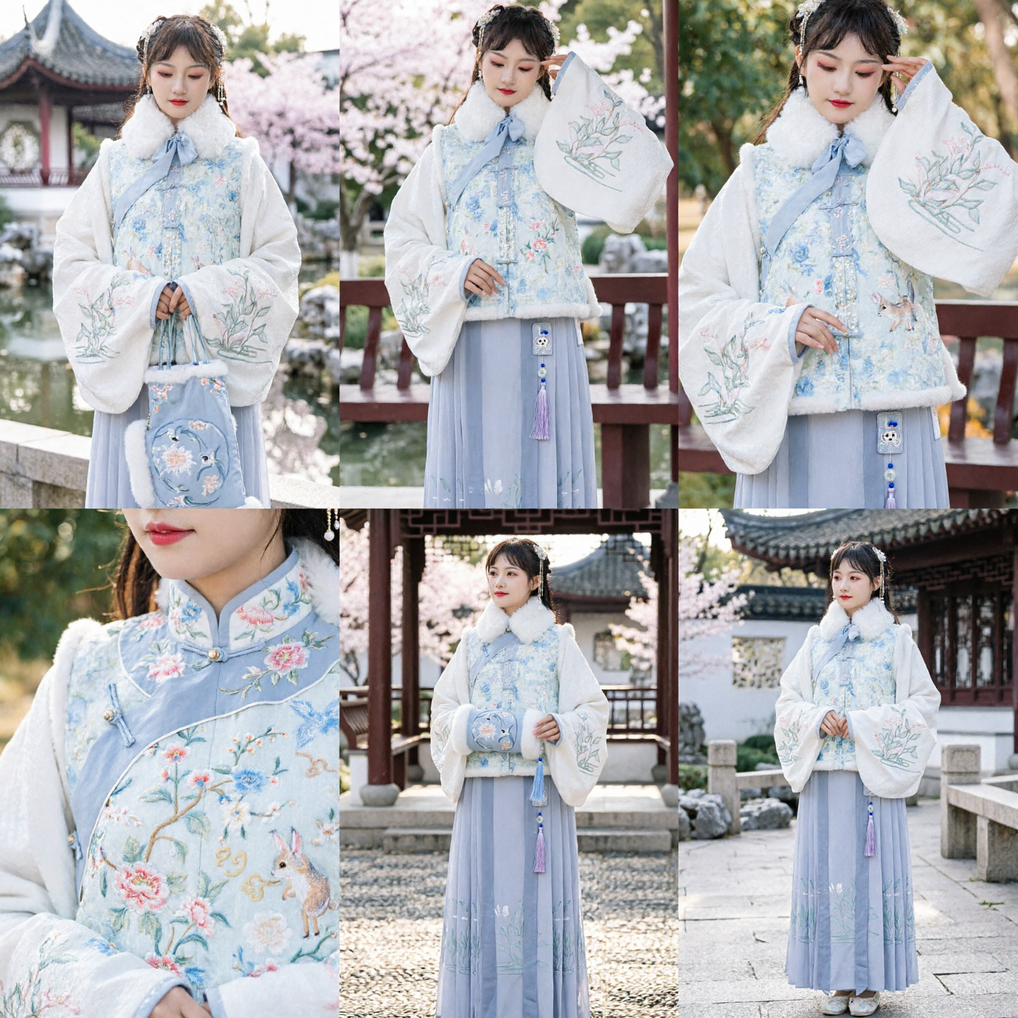 Traditionele Chinese Hanfu Winterkostuum voor Vrouwen Blauw Geborduurd Bontkraag Jacket en Plooirok Set - Asian Costume