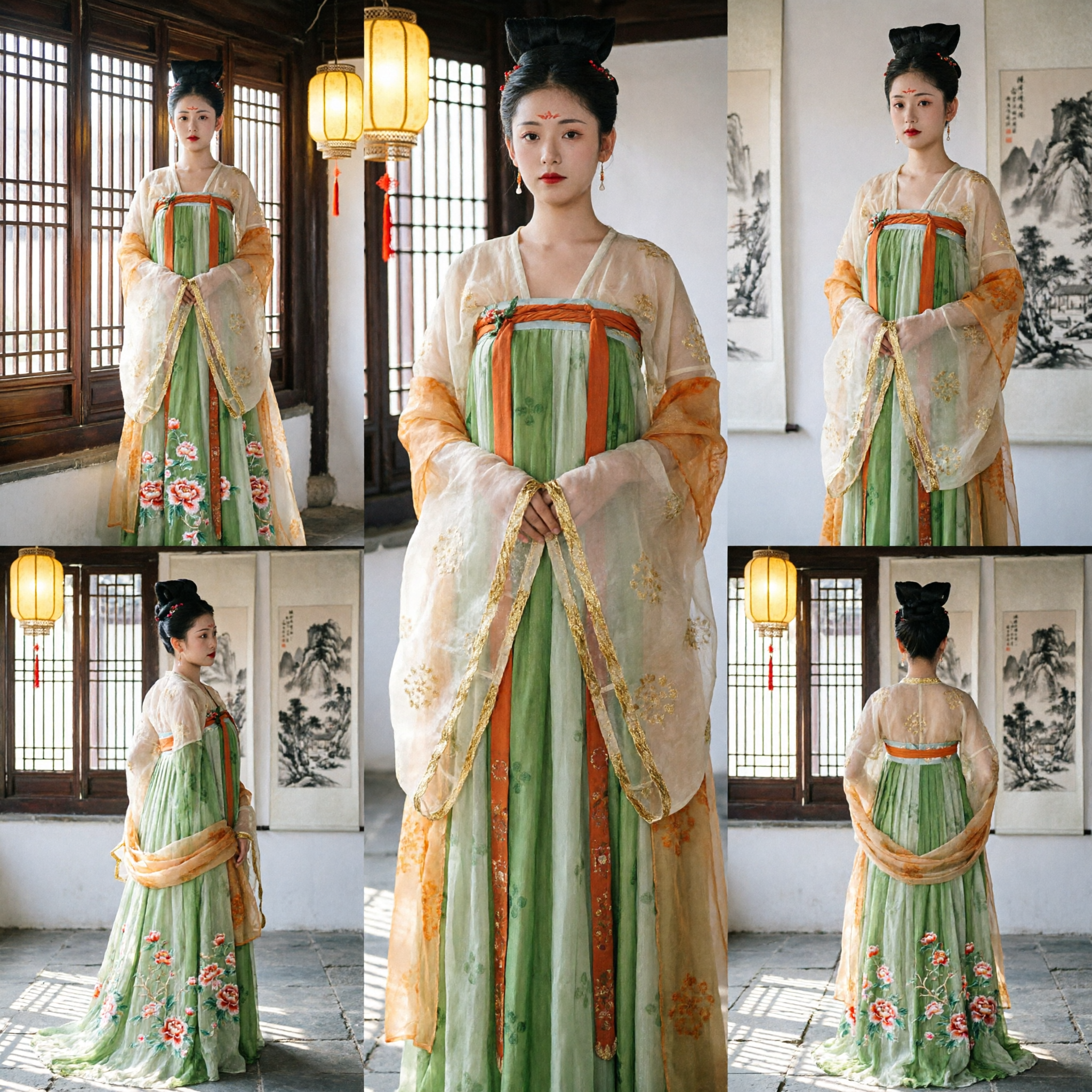 Costume Tradizionale Cinese Hanfu della Dinastia Tang per Donne, Abito Ruqun con Ricamo Floreale Verde per Spettacoli Storici - Asian Costume