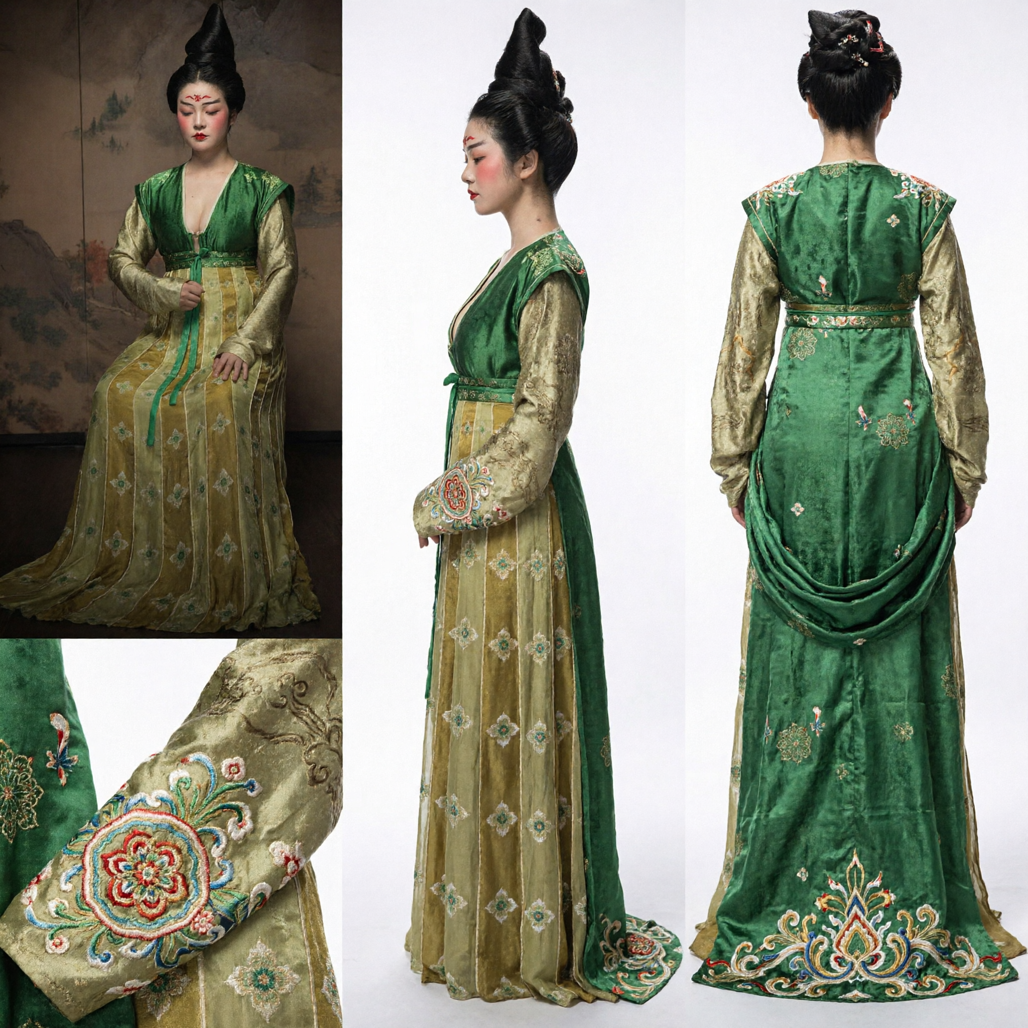 Abito Hanfu Verde e Oro Antica Dama di Palazzo della Dinastia Tang Costume Tradizionale Cinese per Donne - Asian Costume