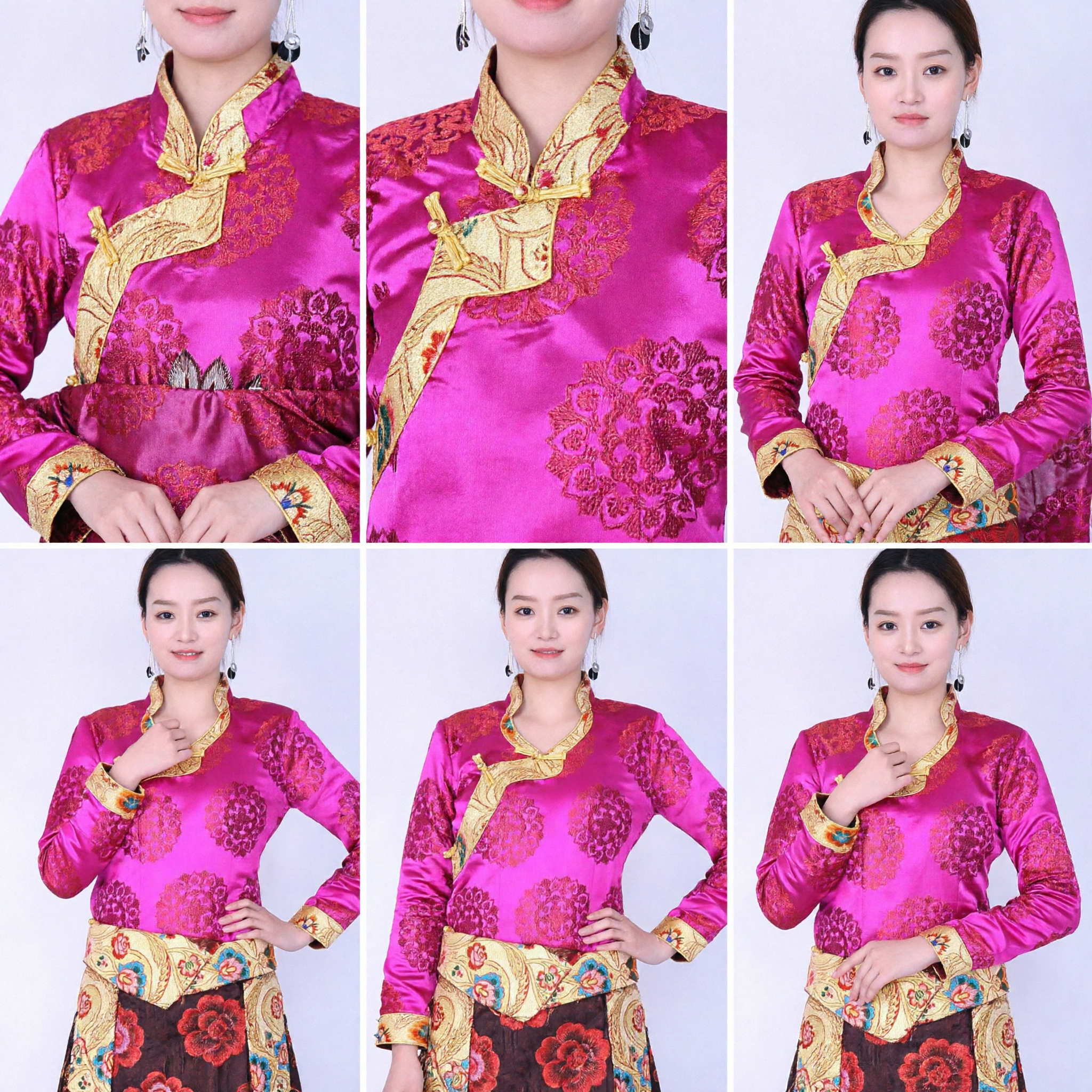 Traditional Chinese Tibetan Ethnic Costume Pink Brocade Top with Gold Trim for Women Folk Dance Performance - Asian Costume