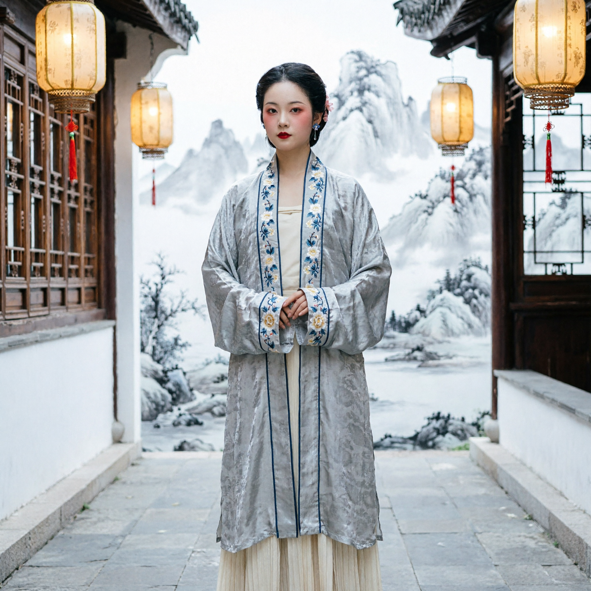 Elegant Traditioneel Chinese Hanfu Oud Kostuum Grijs Geborduurde Gewaad voor Dames Fotografie en Theeceremonie - Asian Costume