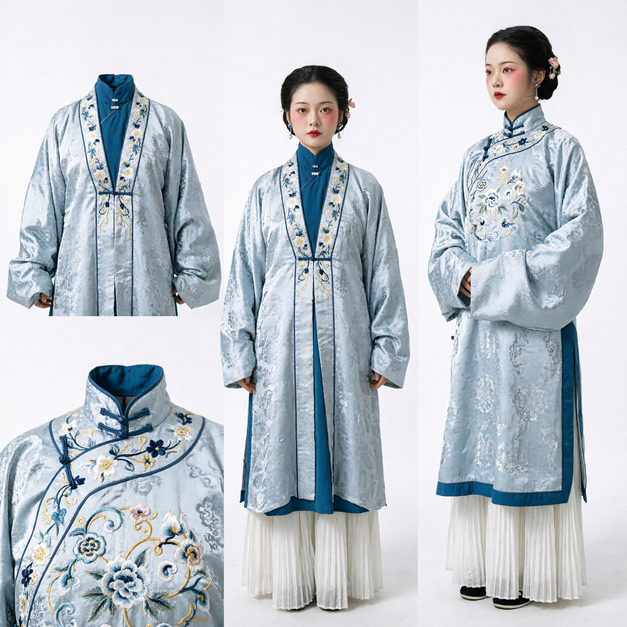 Traje Hanfu da Dinastia Ming Tradicional Chinês para Mulheres, Conjunto Elegante de Robe Bordado Cinza e Saia Plissada - Asian Costume