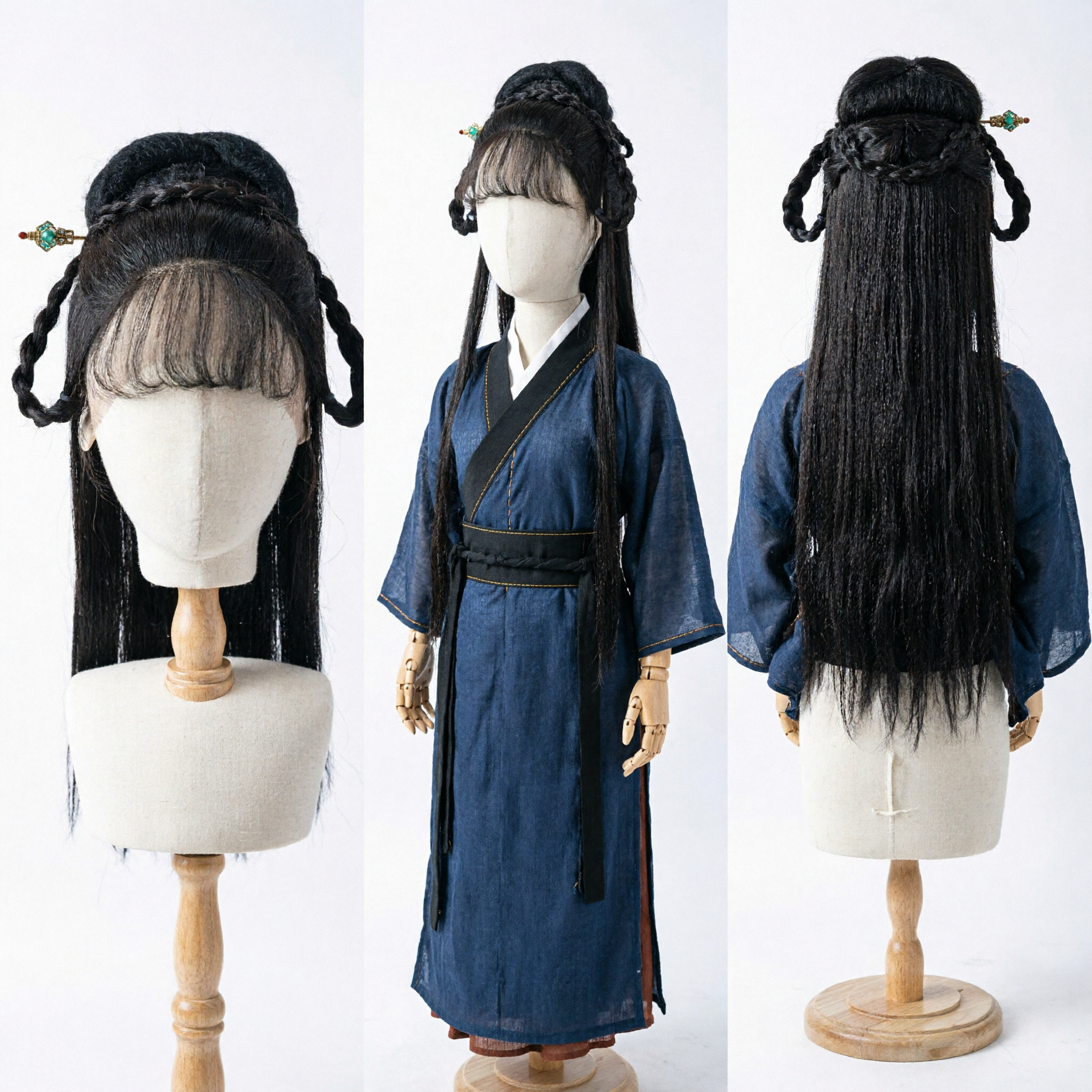 Parrucca Hanfu Antica Cinese Capelli Neri Lunghi Treccia e Crocchia Posticcio per Donne per Drama Wuxia - Asian Costume