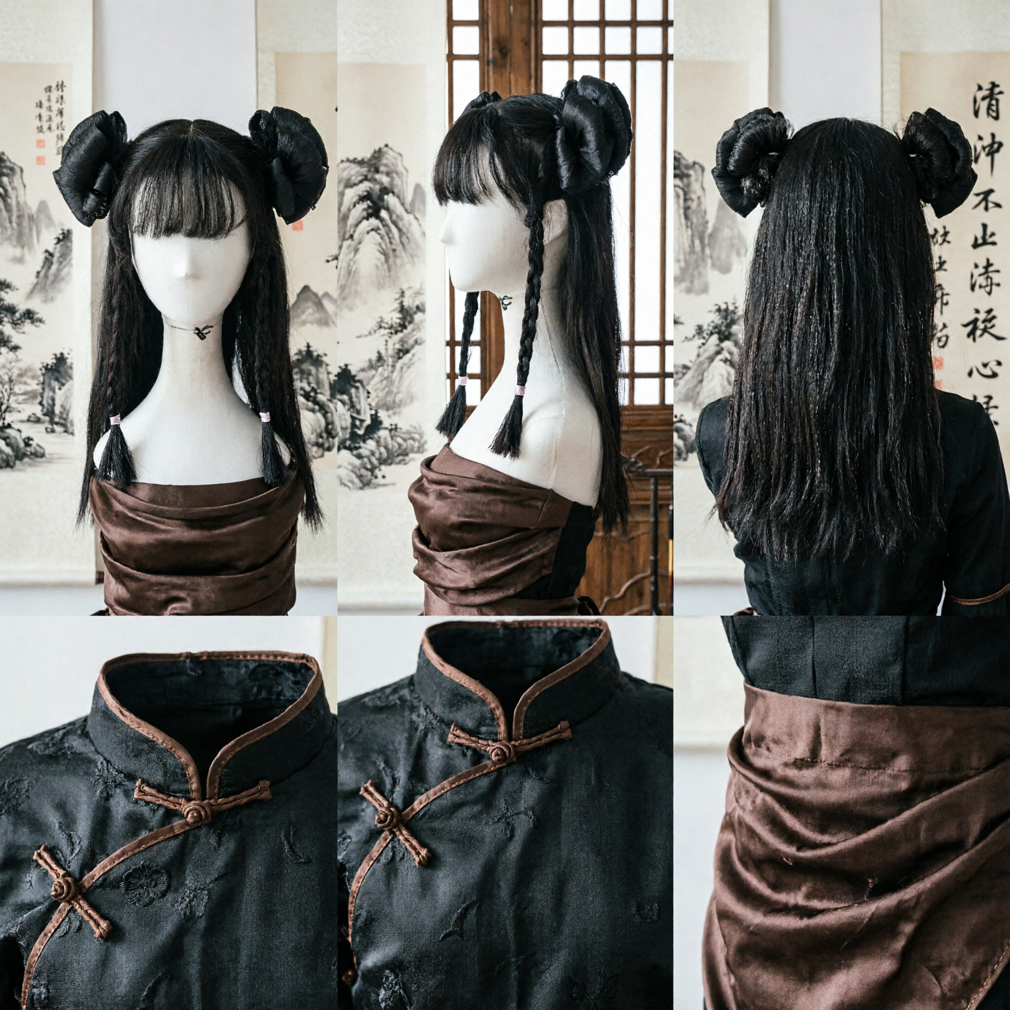 Parrucca Hanfu Antica Cinese Tradizionale Doppio Chignon Nero Posticcio per Cosplay Storico e Spettacoli - Asian Costume