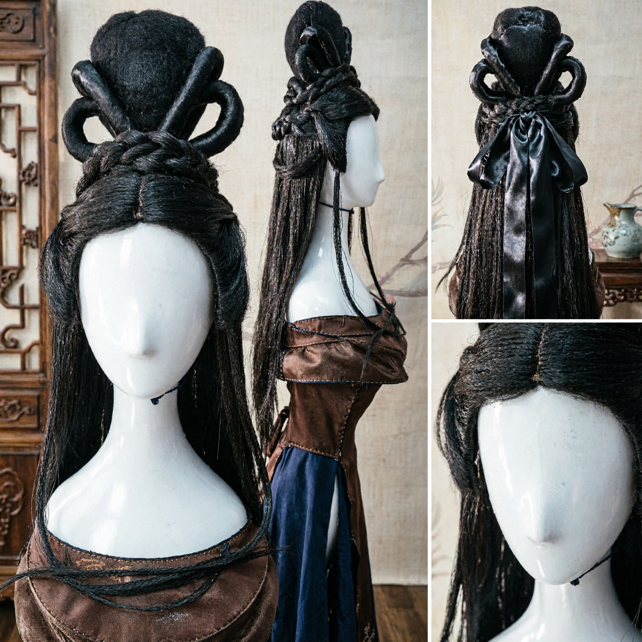 Starożytna Tradycyjna Czarna Peruka Hanfu, Włosienie dla Kobiet do Cosplay'u Historycznego Kostiumu w Stylu Szlachetnej Damy lub Księżniczki - Asian Costume