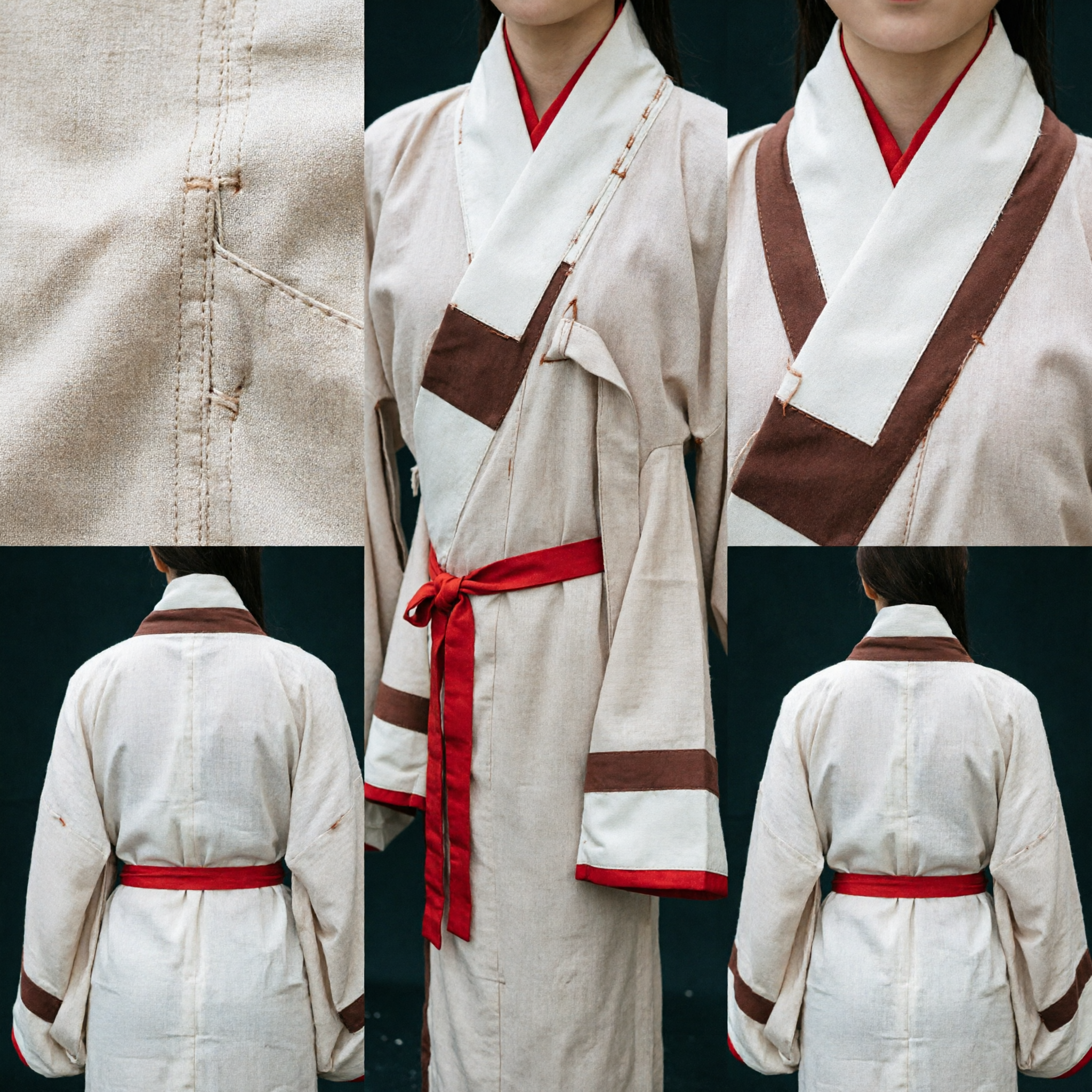 전통 중국 한푸 고대 한나라 교임 로브 크림 브라운 빨간 장식 여성 역사 의상 - Asian Costume