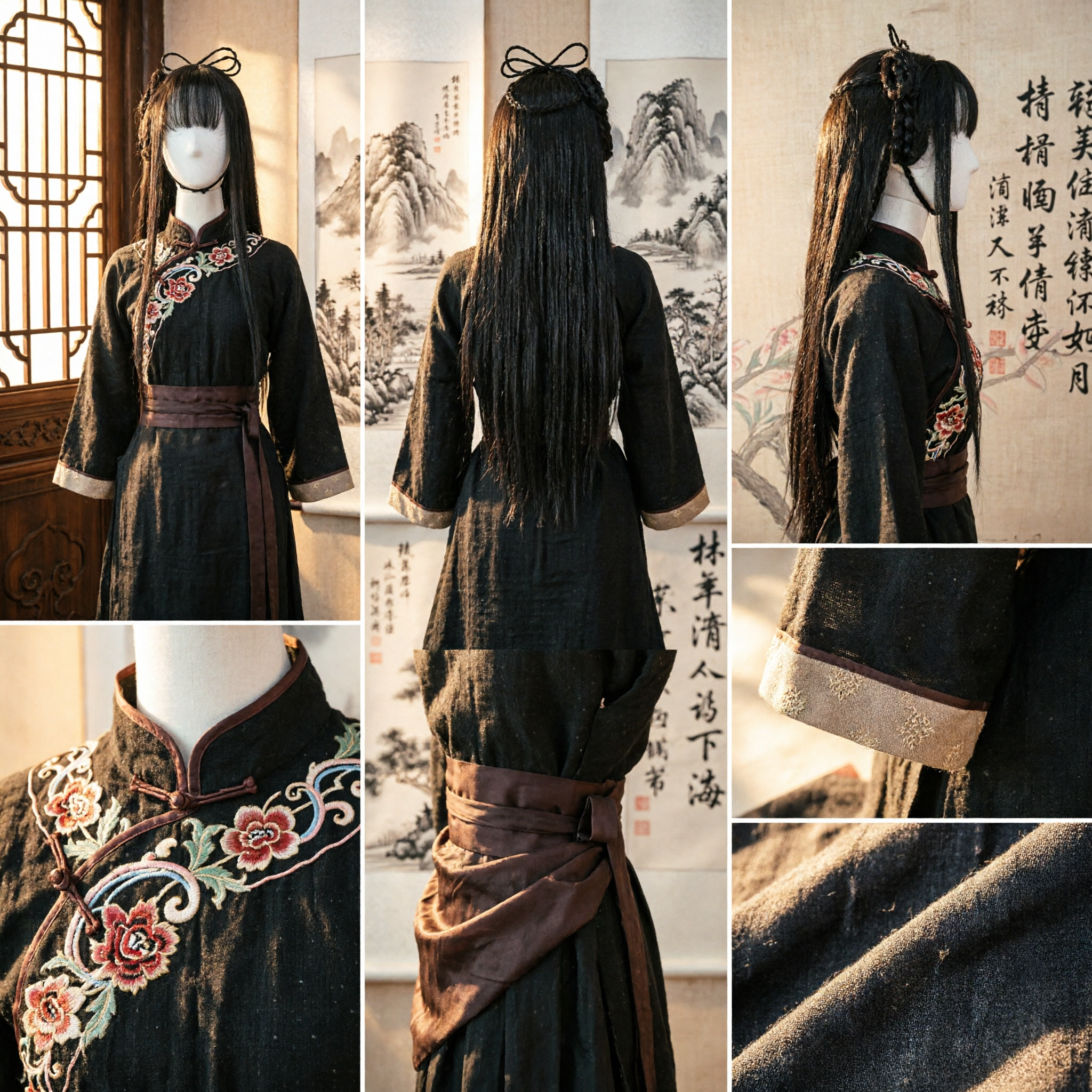 Parrucca Hanfu Antica Cinese Tradizionale Capelli Neri Lunghi con Treccia Laterale e Fiocco per Donne - Asian Costume