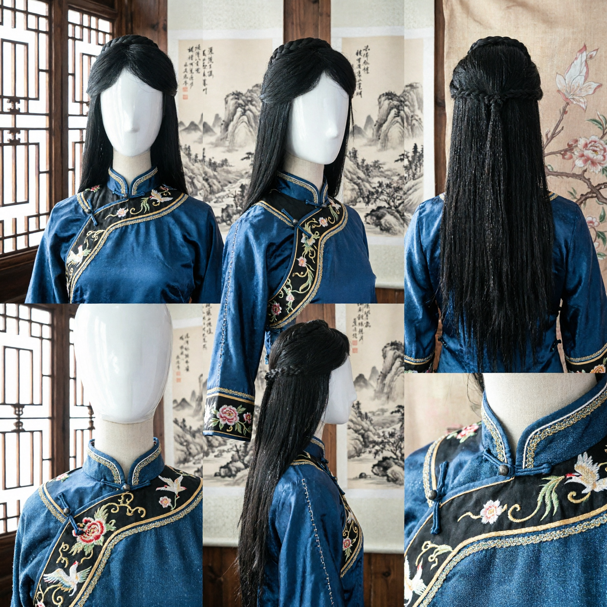 古代中国伝統漢服ウィッグ 黒長髪編み込みトップ付き 歴史衣装コスプレ用 - Asian Costume